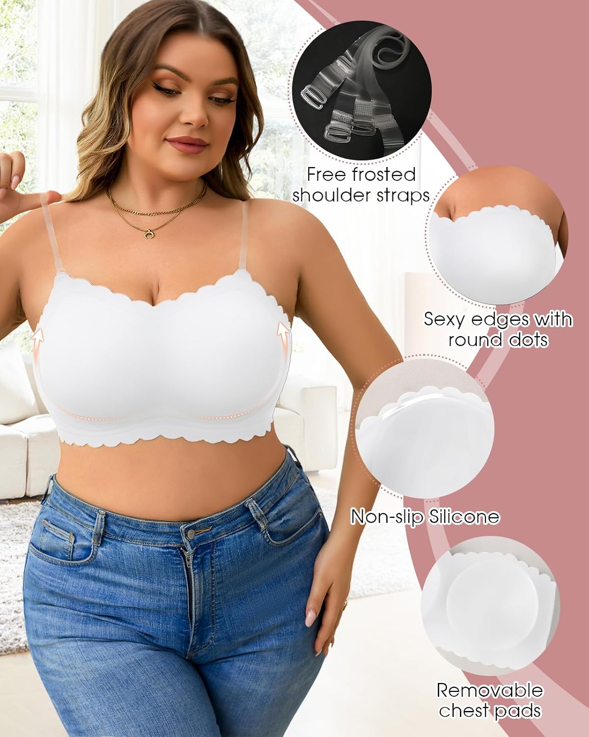 Strapless Wireless Bra for Women Scalloped Full Coverage Bandeau Comfortable Everyday Non-Wired Bra for Large Busts