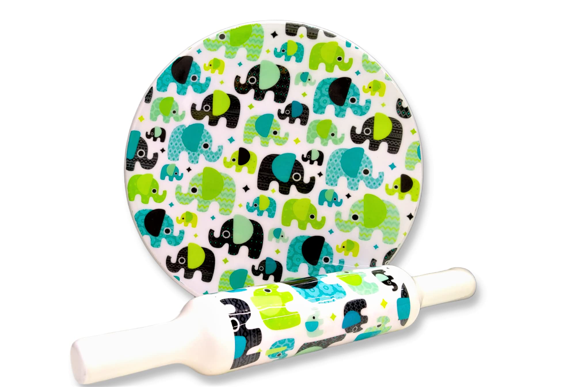 KUVI White Marble Roti Maker With Wooden Belan - Enamel Print Chakla 10 Inch Diameter (Elephant Printed)