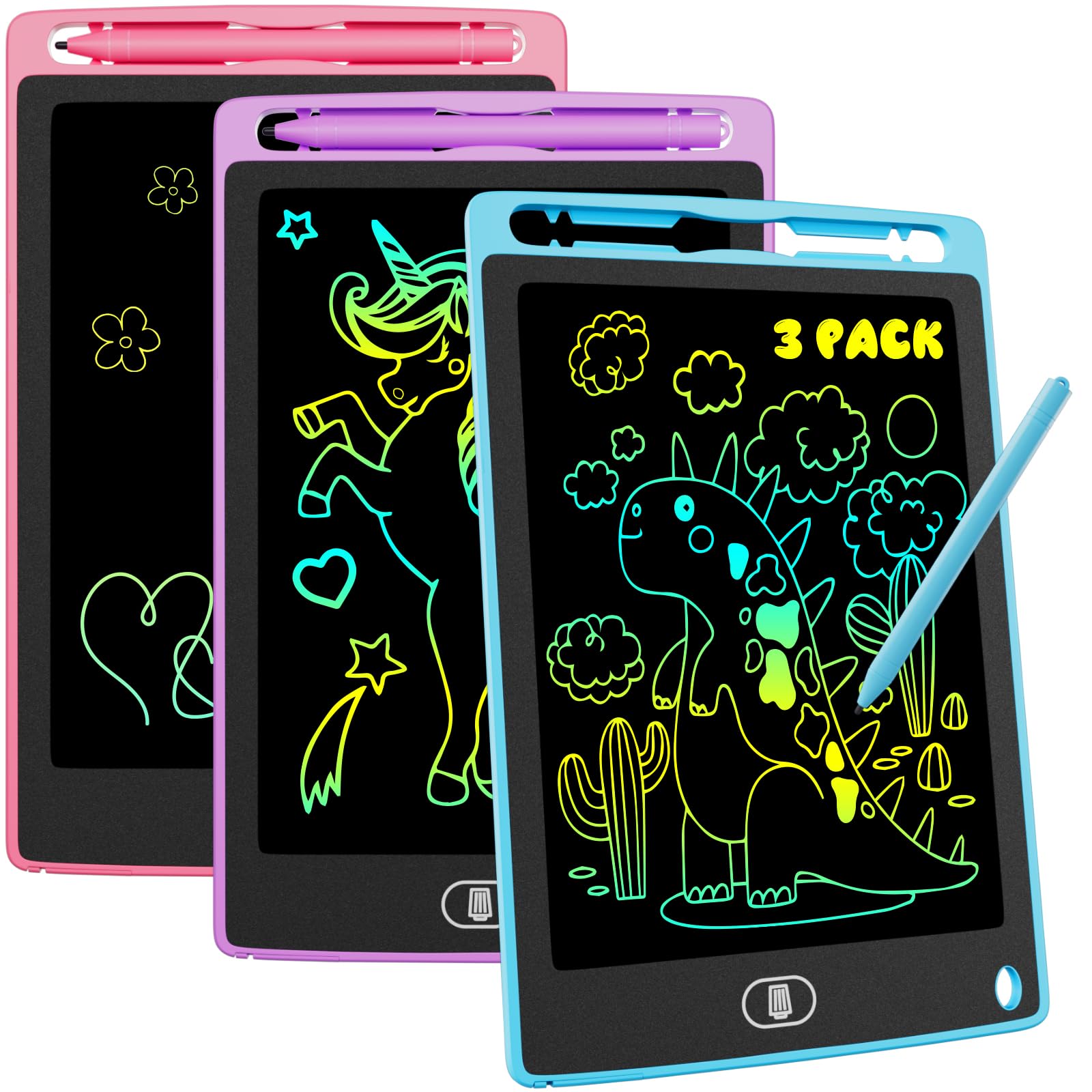 Electight 8.5 Pouces Tablette d'Écriture LCD Colorée avec Verrouillage & Effacement, Jouet Éducatif Enfants, Bleu+Rose+Violet