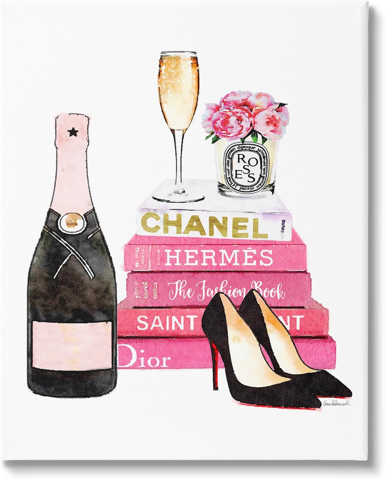 Stupell Industries Glam Pink Fashion Book Champagne Heels and Flowers Stretched Canvas Wall Art, Proudly Made in USA