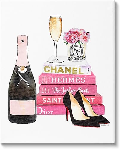 Stupell Industries Glam Pink Fashion Book - Lienzo decorativo de gran tamaño con tacones y flores color champán, fabricado con orgullo en Estados