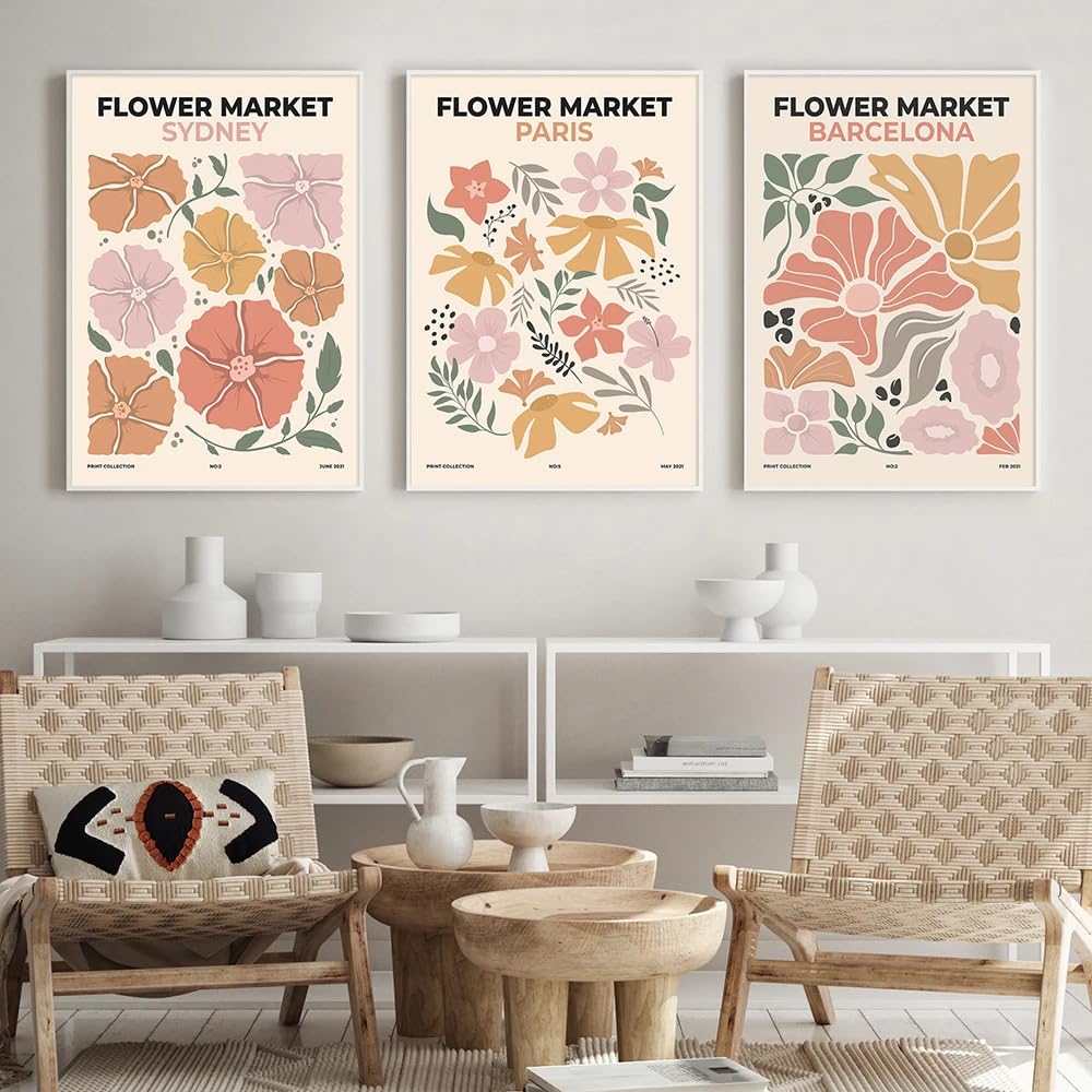 WUHBCZ Art Pictures-Pink Flower Poster Print Abstract Botanical Wall Art Canvas Painting Nordic Picture for Living Kitchen Bedroom Room Home Decoration-40 * 60cm/3PCS (No Frame)