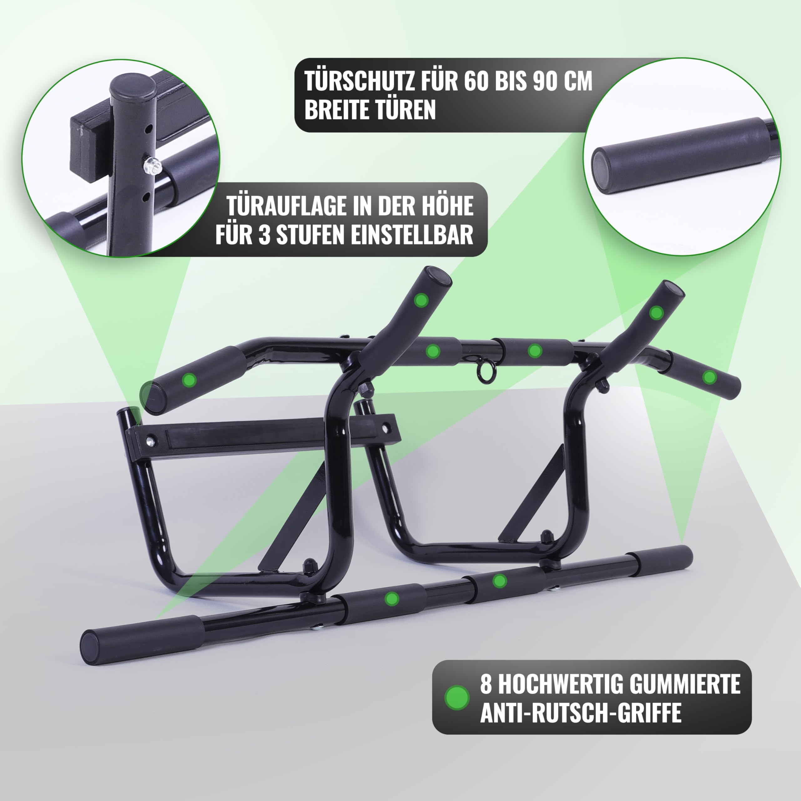 AthleticPro Klimmzugstange für Türrahmen ohne Bohren zum Einhängen – Stabile Pull Up Bar & Türreck [bis 90cm breite Tür] – Für Klimmzüge, Dips & Push-Ups inklusive Klimmzugsband