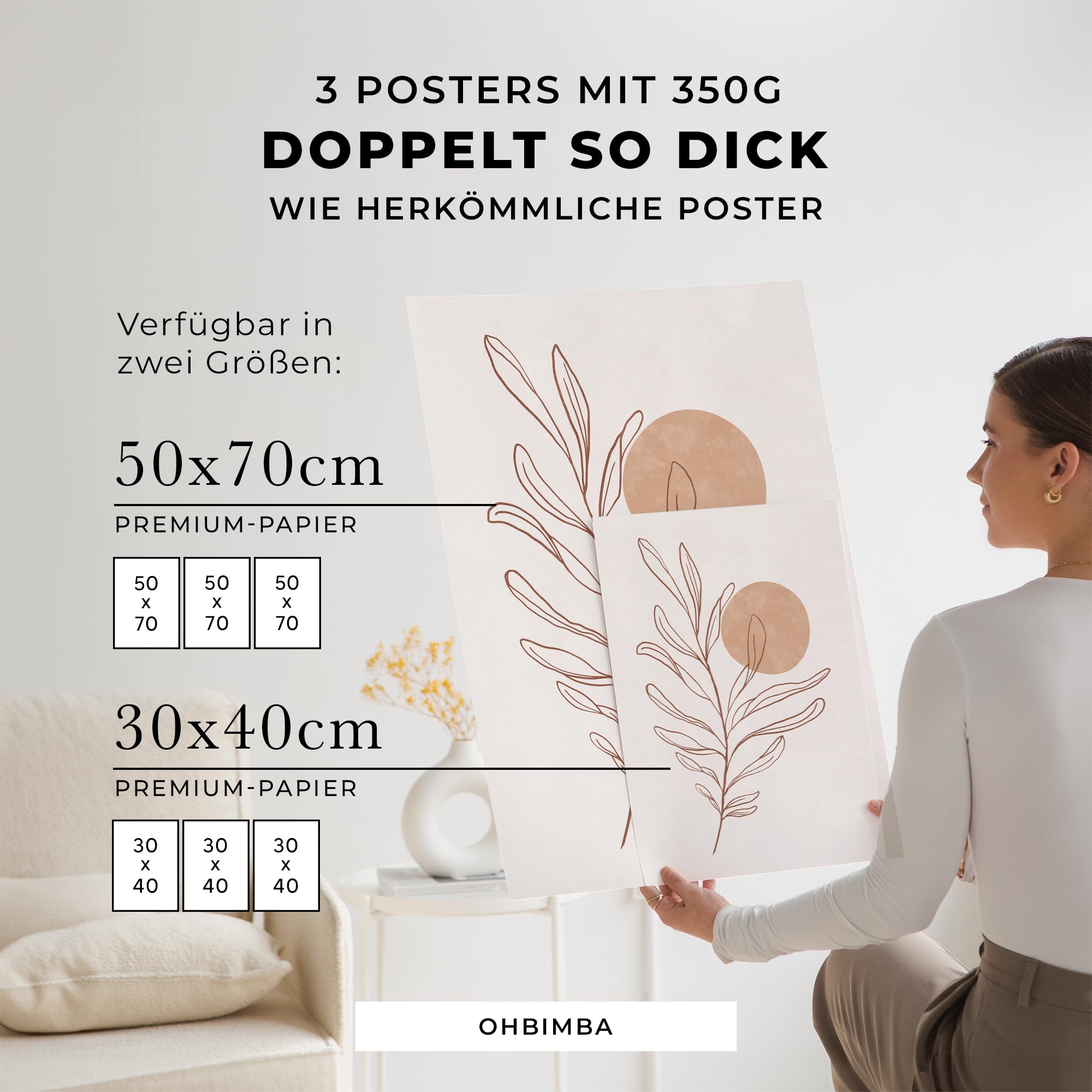 OHBIMBA® Sets Von 3 Poster & Kunstdrucke Mit Rahmen - Zimmer Deko Und Wanddeko Wohnzimmer - Deko Wohnzimmer und Bilder Schlafzimmer - Abstrakt Boho Deko - 30x40 cm - Mit Rahmen Holz