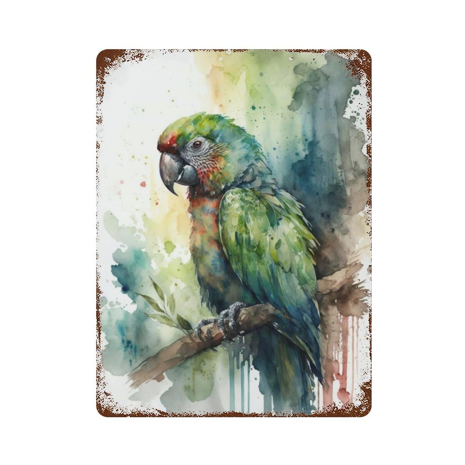 Distressed Metal Wall Sign Parrot Watercolor 15.7"x11.8", Vintage Wall Decor for Cafe, Home Bar And Lounge Decor