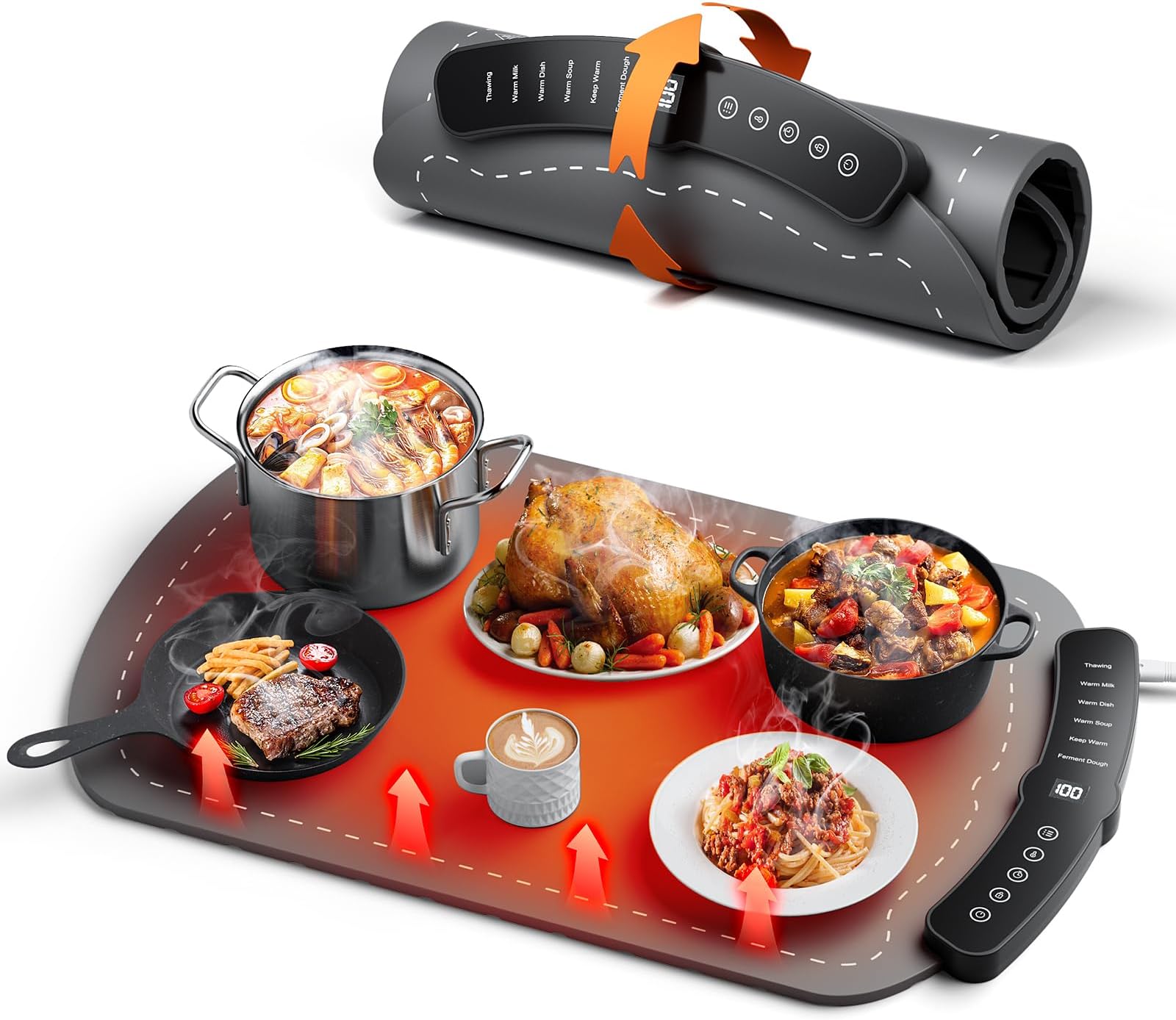 Warming Mat for Food, Fast Full Surface Graphene Electric Warming Tray, Foldable and Portable Food Warmer, 7 Temperature Settings and 1-4 Hour Adjustable Timer, for Parties, Gifts for Mom(Dark Grey)