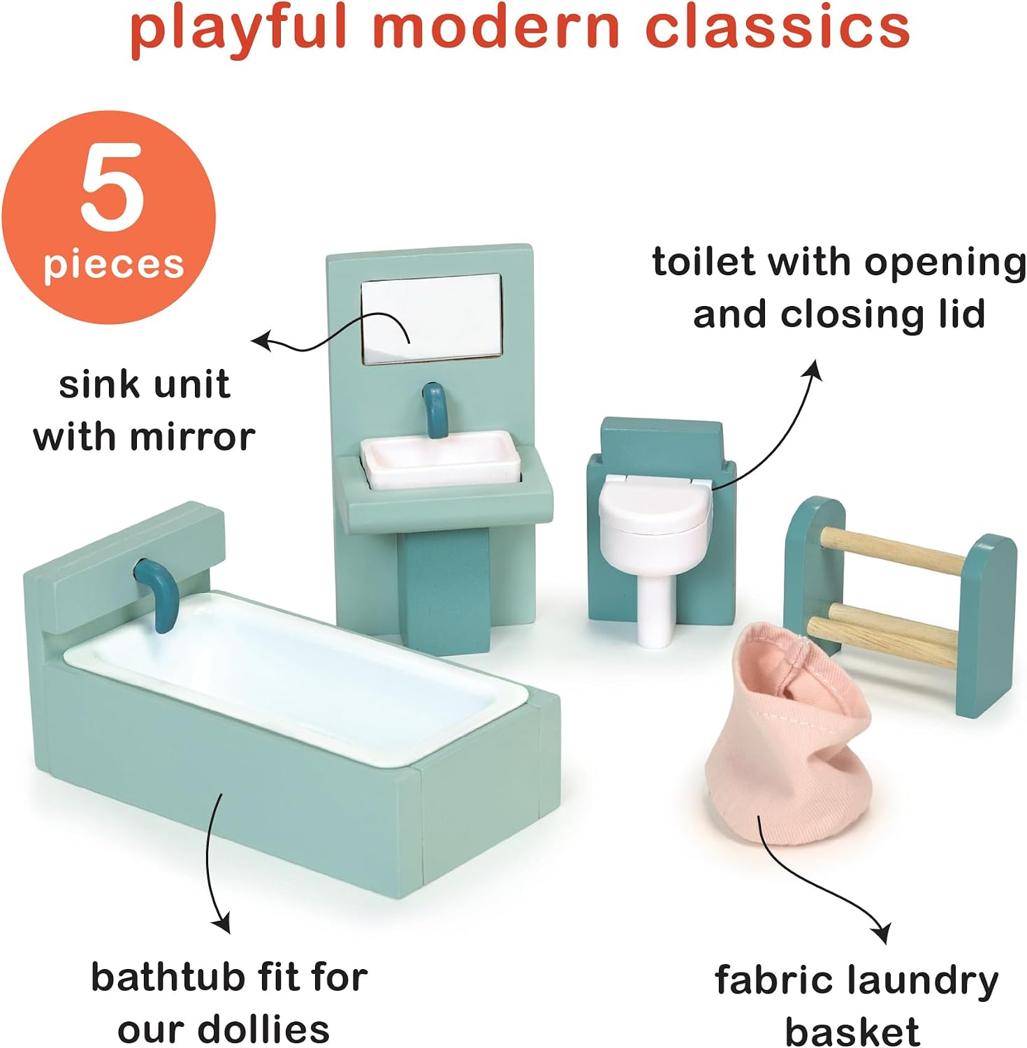 Mentari Toys - Bathroom - Wooden Dollhouse Furniture Set for Dollhouse Bathroom - Furniture Incl Toilet, Bathtub, Sink and Other Accessories - Age 3+