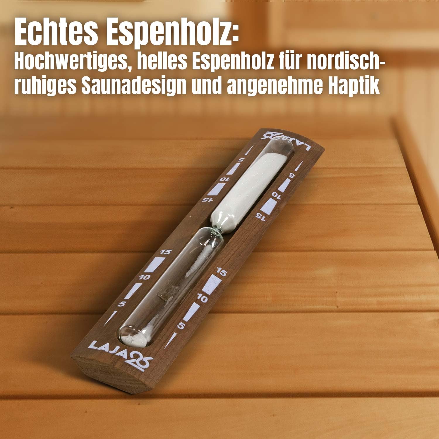 LaJa26 Sauna Sanduhr "Konkav" weißer Sand - FSC Espenholz - Drehgestell aus Holz zur Montage an der Wand - Beständig gegen Wärme und Luftfeuchtigkeit - Fertig montiert - Handarbeit Made in Europe