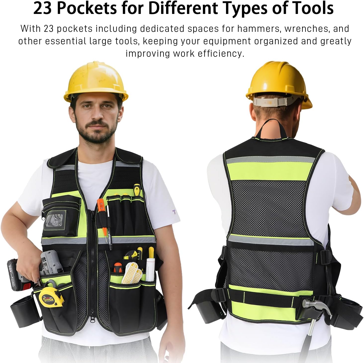 ATOLS Adjustable Tool Vest for Men, 23 Pockets, Reflective Work Vest for Electricians, Carpenters & Construction Workers