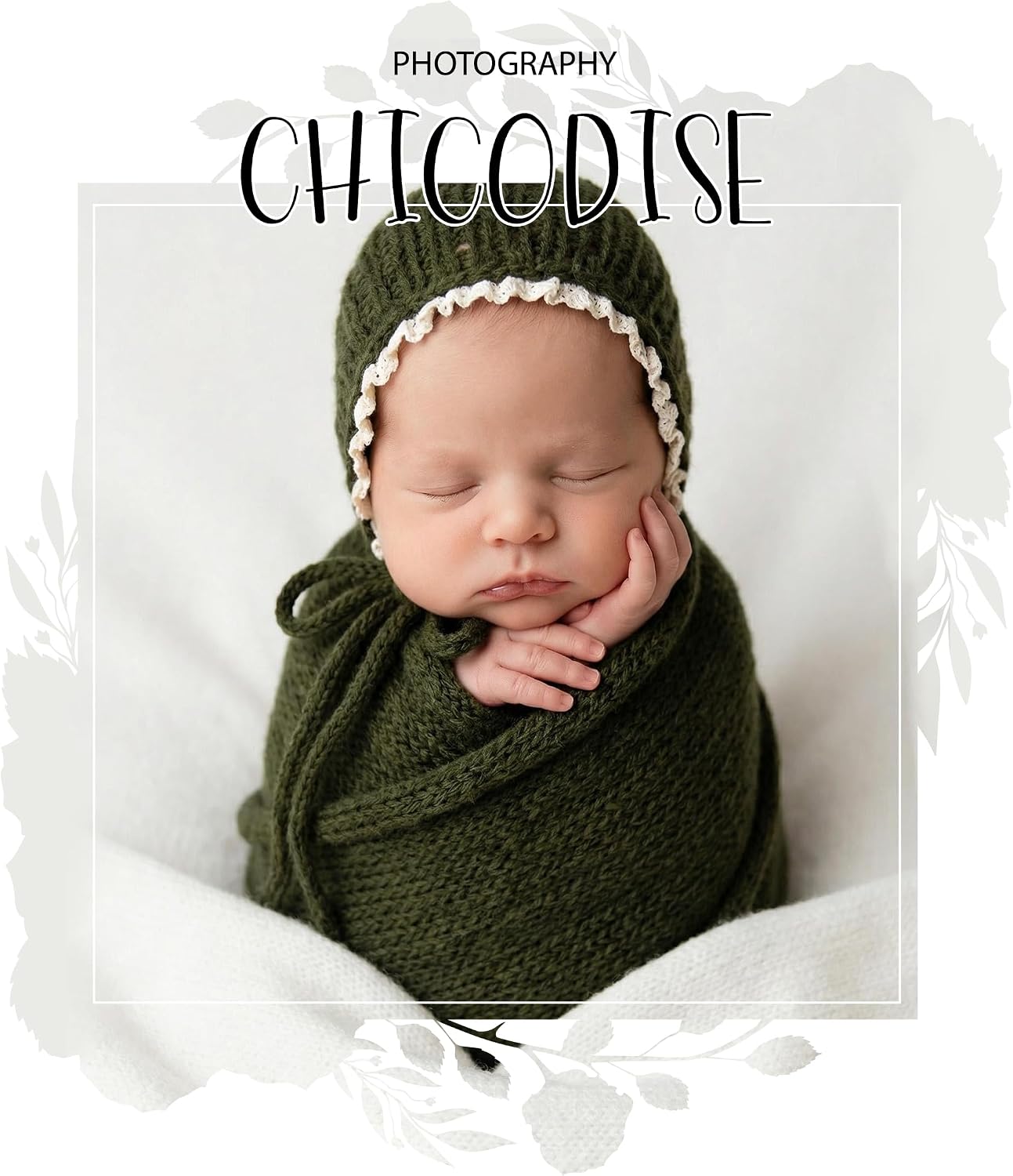 Newborn Photography Props Knit Wraps & Ruffle Edge Bonnet (Drak Green) | Infant Baby Boy Girl Crochet Swaddle for Photo Shoot Outfits, New Born Photoshoot Pictures Set
