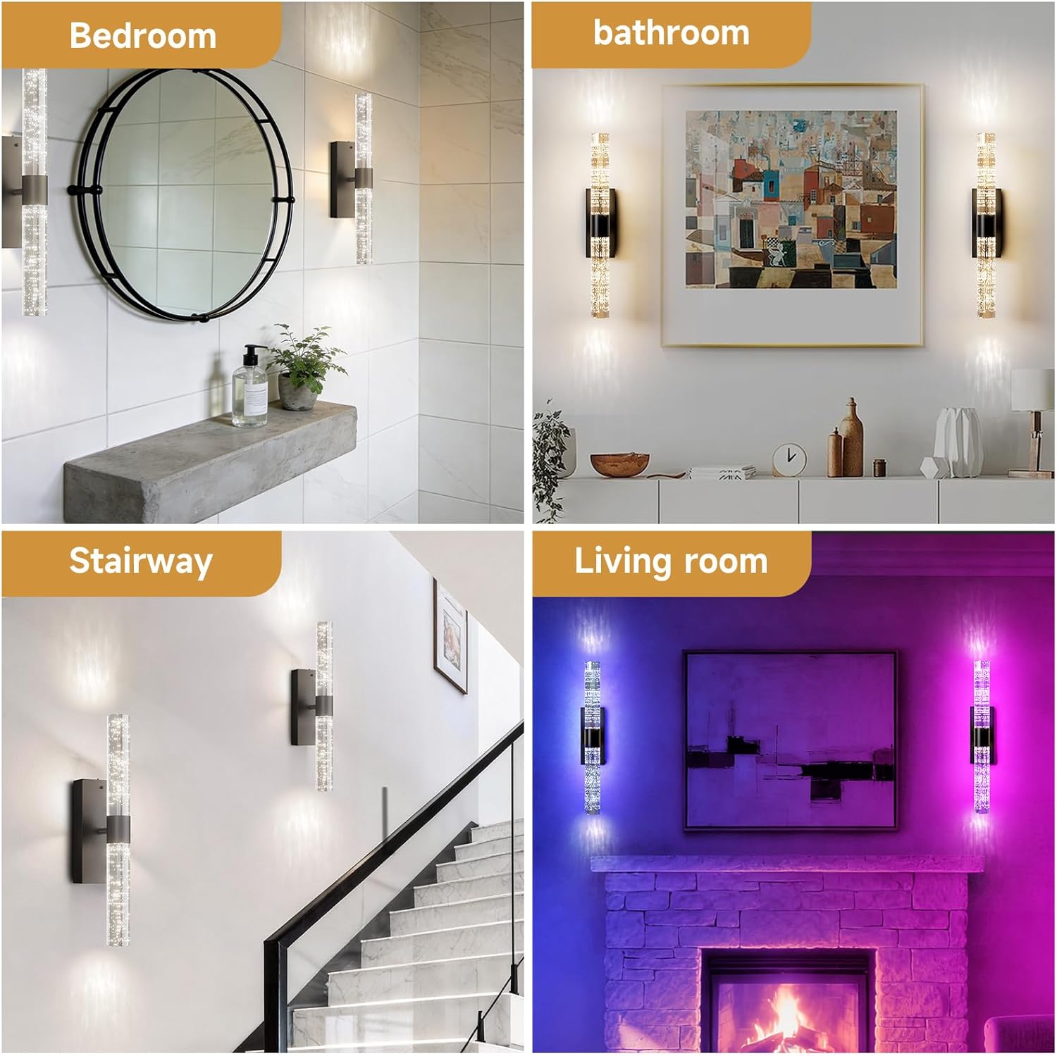 Crystal Battery Operated Wall Sconce, Black Rechargeable Wireless Wall Light Fixtures with Remote Control, 3CCT and 12 RGB Dimmable Wall Sconces Lamp for Bedroom Living Room Hallway
