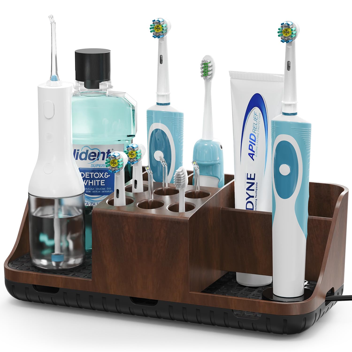 Rangement brosse à dents électrique marron avec passe-câble et socle antidérapant à 11 compartiments