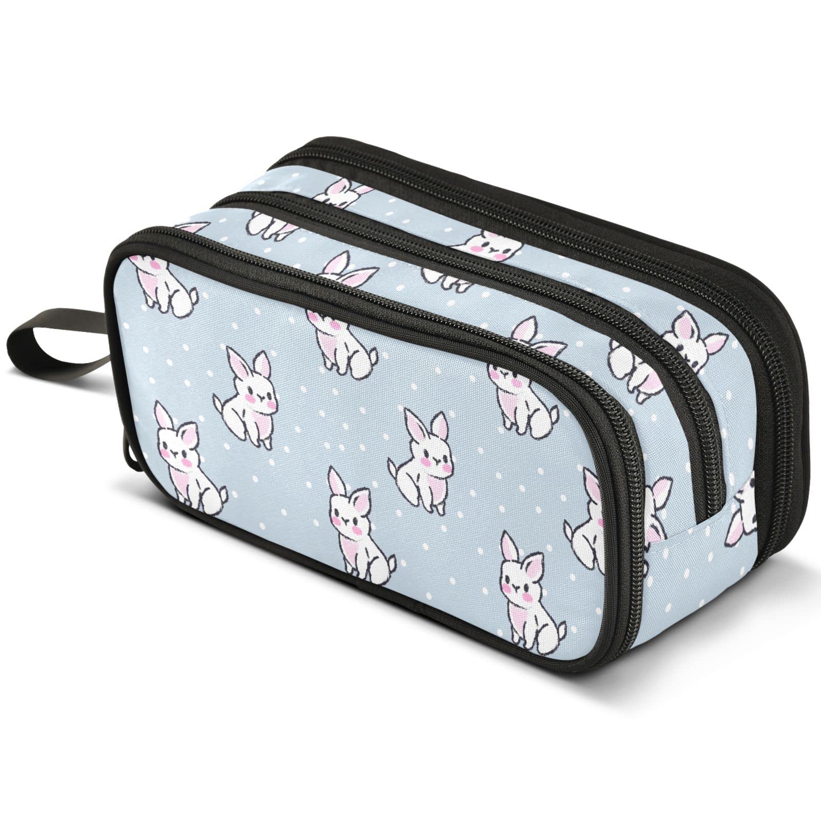 Mnsruu Grey Cute Bunny Polka Dots Pencil Case Large Capacity Pen Pouch Pencil Bag with 3 Compartments Pen Holder Organizer Stationery Bag for Girls Boys and Adults
