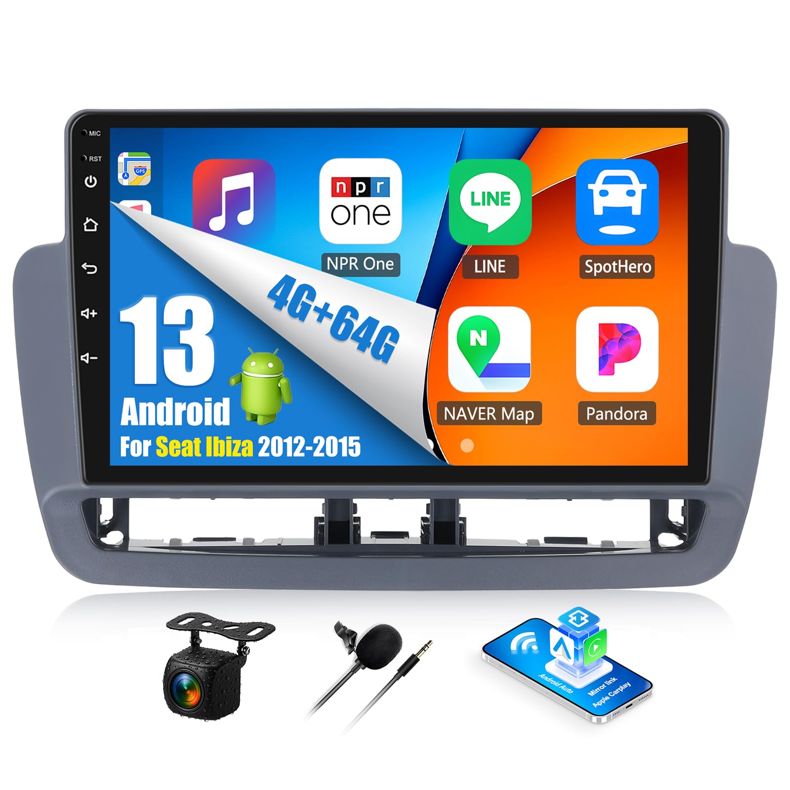 OiLiehu 4+64G Android 13 Radio para Seat Ibiza 2012-2015 Carplay Android Auto Pantalla Radio Coche 9 Pulgadas con Mirror Link Bluetooth FM RDS GPS WiFi Cámara Trasera