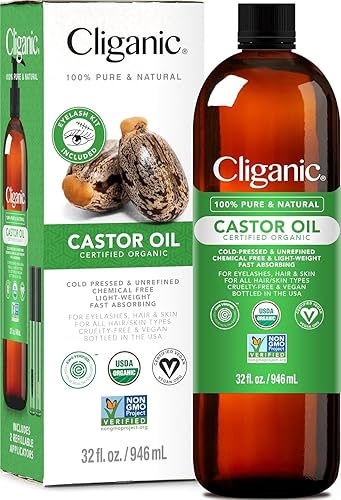 Miniatura 7 de Cliganic Aceite de ricino orgánico, 100% puro (6oz con kit de pestañas)  Para pestañas, cejas, cabello y piel