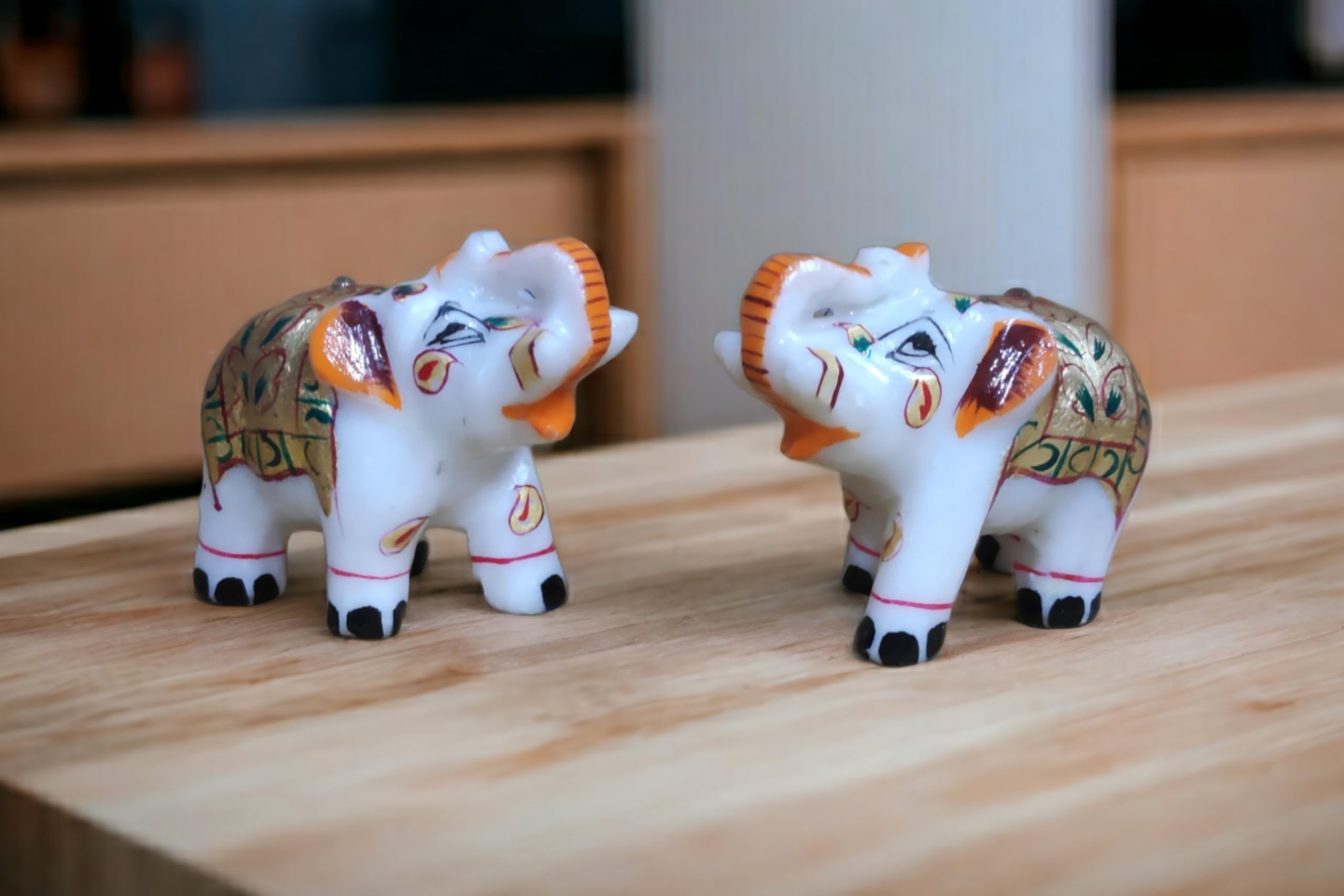 Pooja Creation Store Decorative Elephant Statue for Home Decor Designer Marble Showpiece Elephants Pair with Beautiful Golden Work Pooja Room Decoration for Home 2 inch