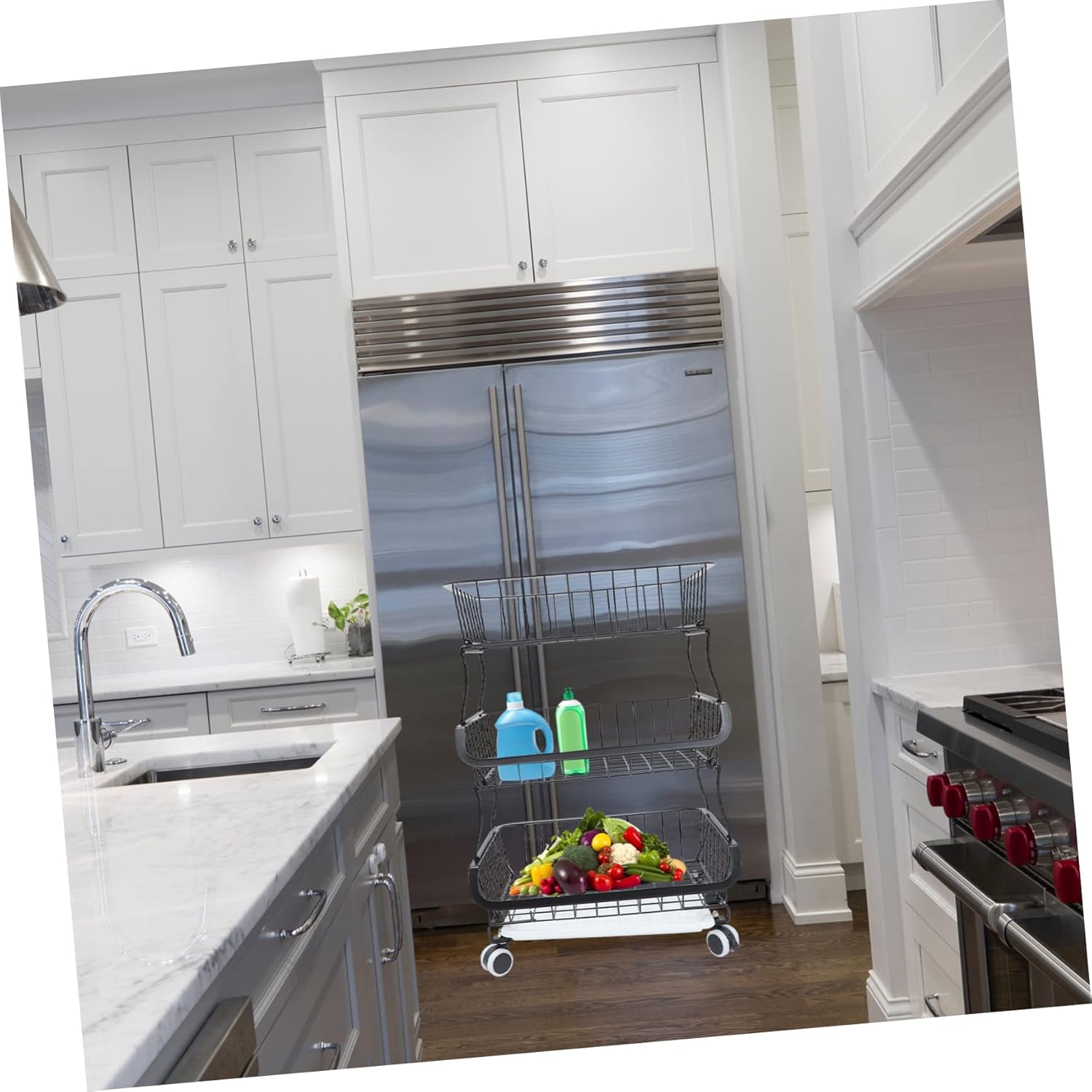 KICHOUSE 1set Three-Layer Kitchen Storage Cart Trolley Multi-Purpose Design Rolling Utility Rack for Easy Organization of Fruits Vegetables and Kitchen Essentials