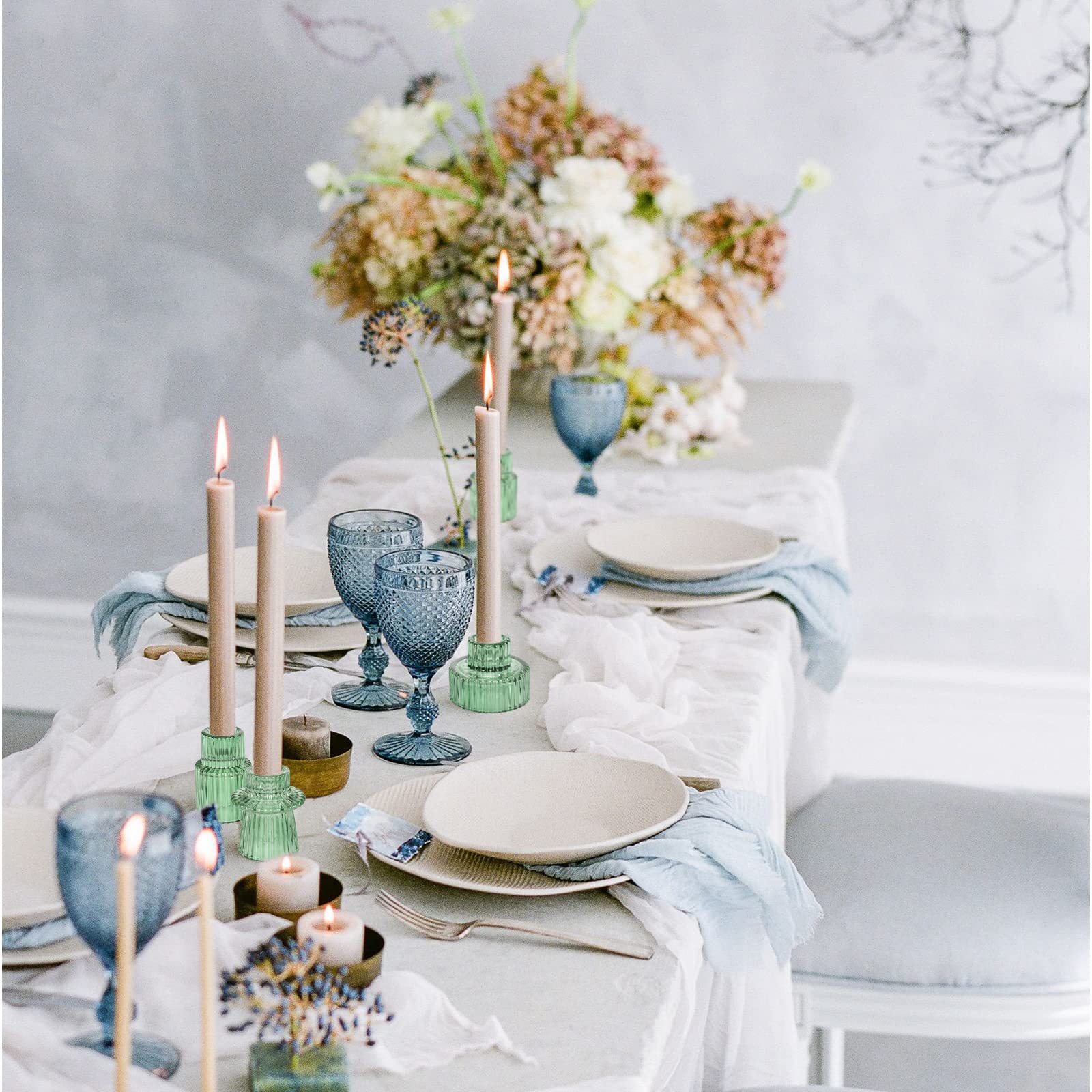 Taper Glass Candlestick Holders Tealight Candle Holders for Table Centerpieces, Wedding Decor and Dinner Party Green 12 Pcs