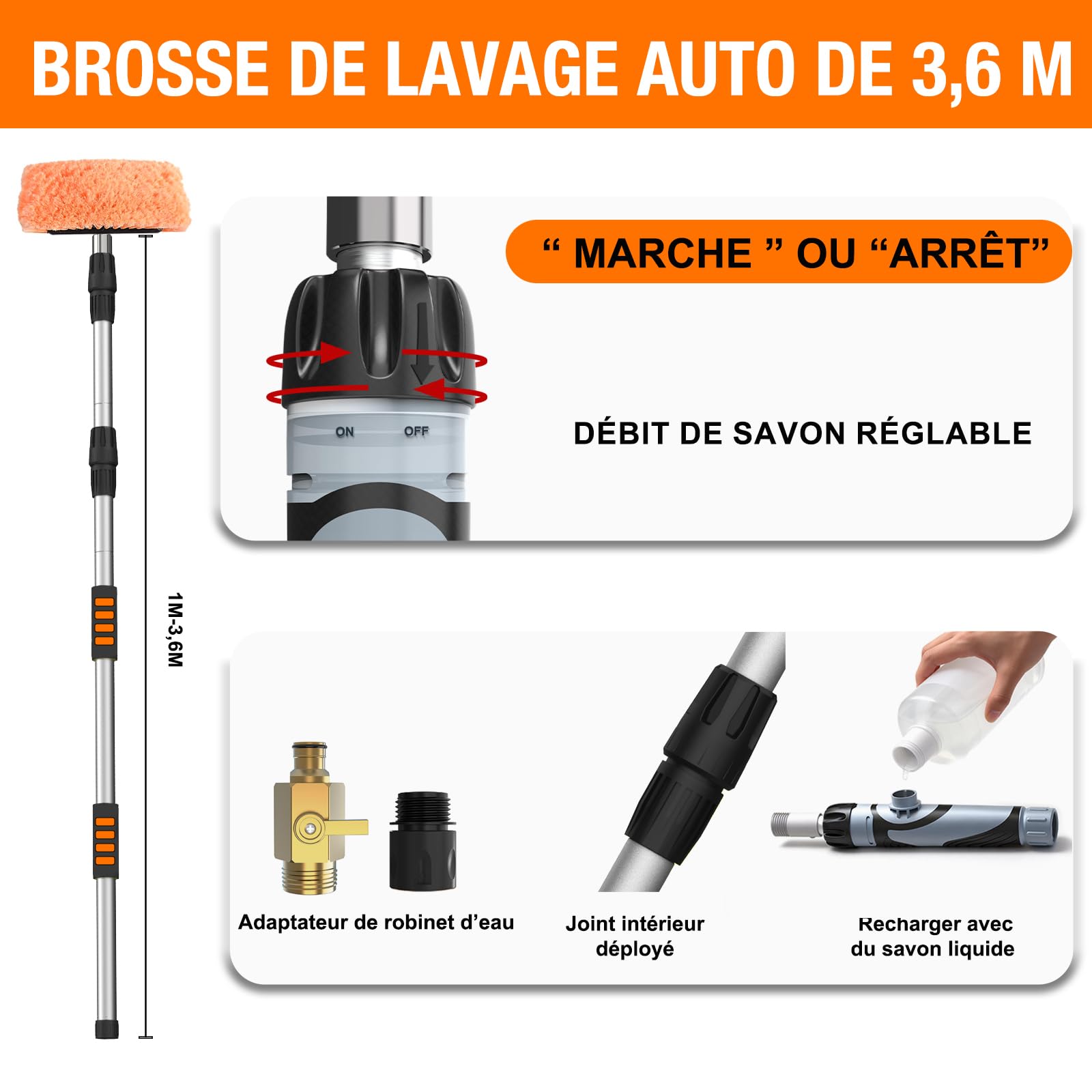 LAANPOLE Brosse Lavage Voiture 3,6m, Brosse Nettoyage Voiture avec Poils Doux 30cm Et Distributeur De Savon, Balai Nettoyage Voiture avec Perche Télescopique pour Camping-Car, Camion, Bateau, Orange