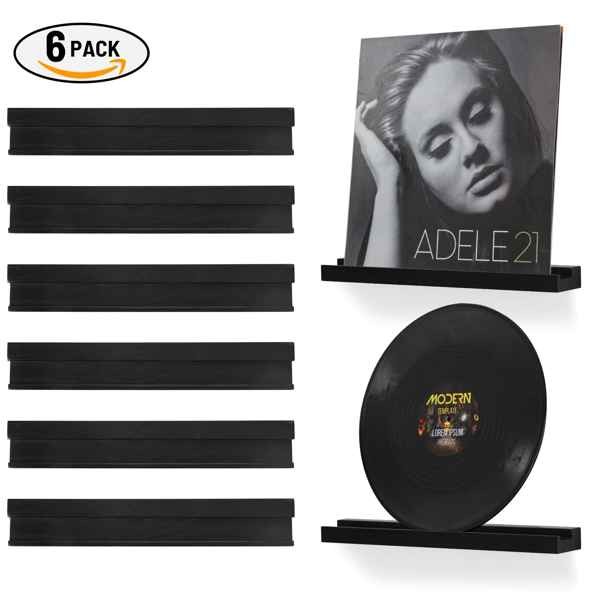Supporto da parete per dischi in vinile, confezione da 6 - Mensole per dischi in vinile, supporto per presentazione di dischi in vinile, CD, libri e opere d'arte, vintage, per la casa (nero)