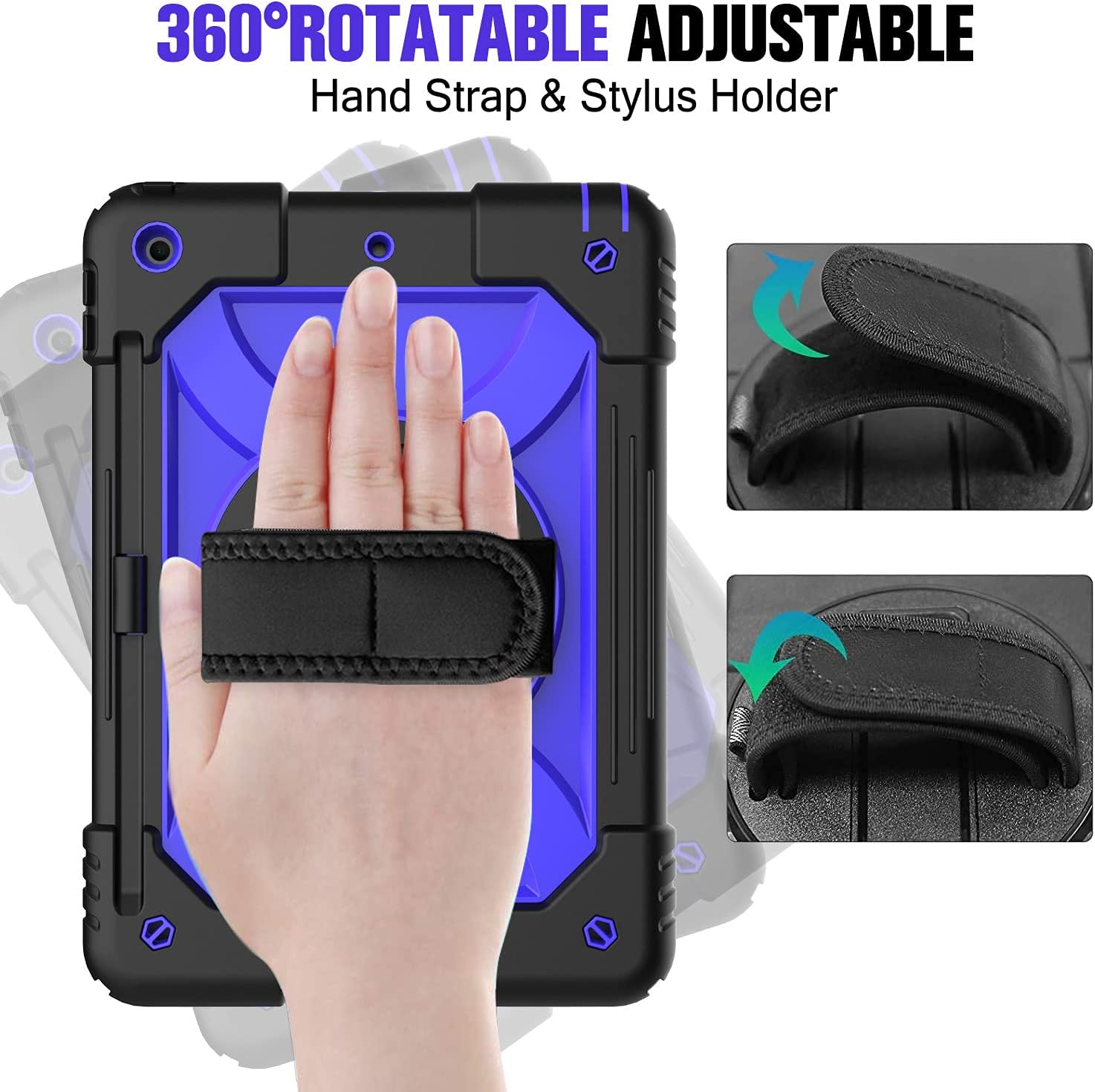 LEDNICEKER iPad 9th/8th/7th Generation case, iPad 10.2 case, Three Layer Protective Kids Case with [360 Rotating Stand] [Hand Strap] [Pencil Holder] for iPad 10.2 9th Gen 2021/2020/2019- (Blue+Black)