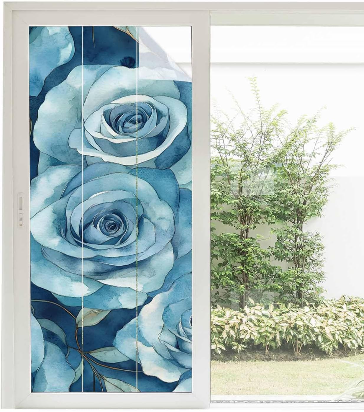 Blue Rose Flower Window Privacy Film Decorative Stained Glass Window Film Vintage Modern Abstract Painting Art Static Windows Clings Sticker for Glass Door, 35.4"x78.7" Blackout Shades Windows Cover