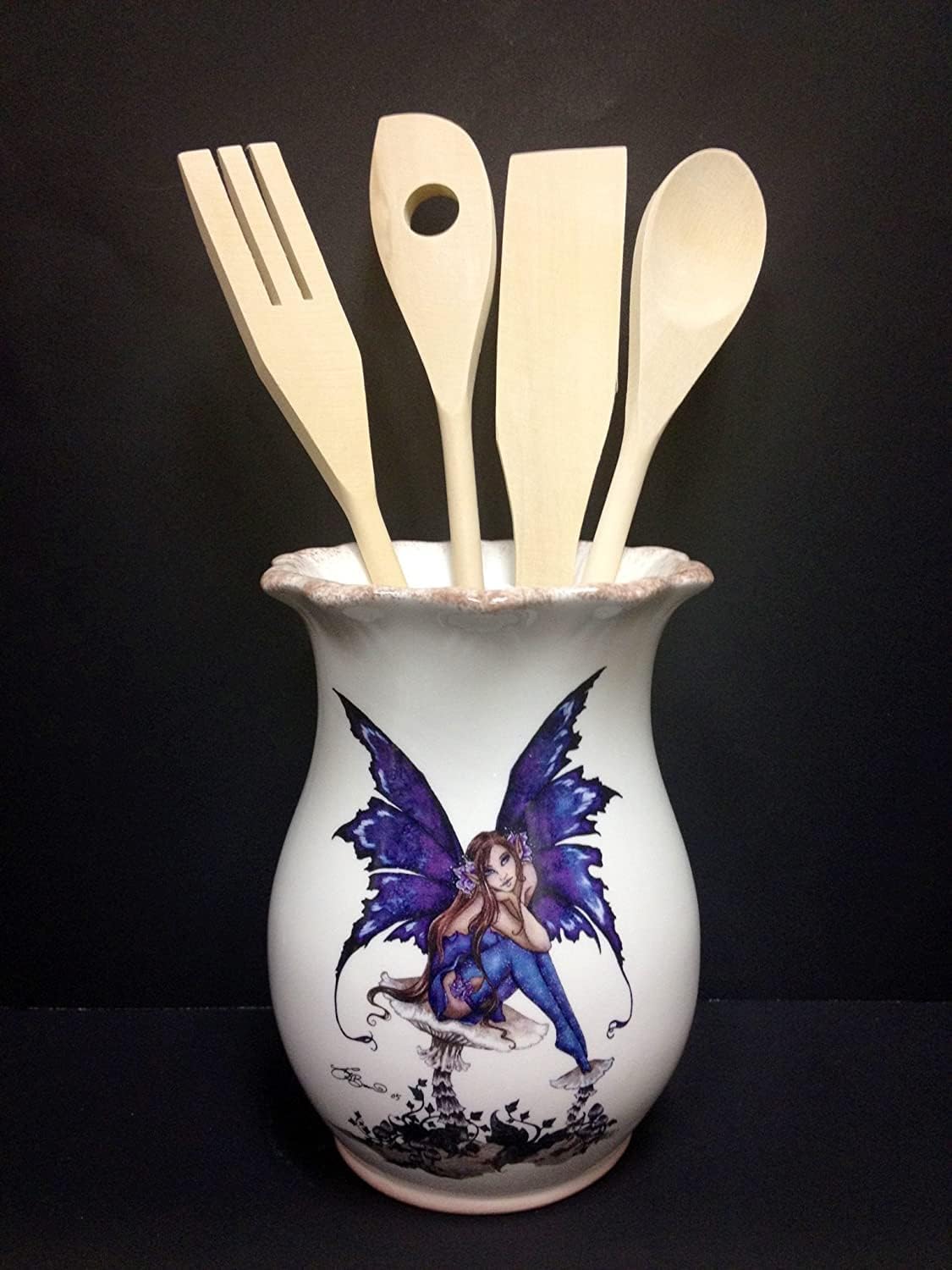 Beautiful Fairy Sitting on a Mushroom Amy Brown Collectible Ceramic Utensil Holder with Wooded Utensils.