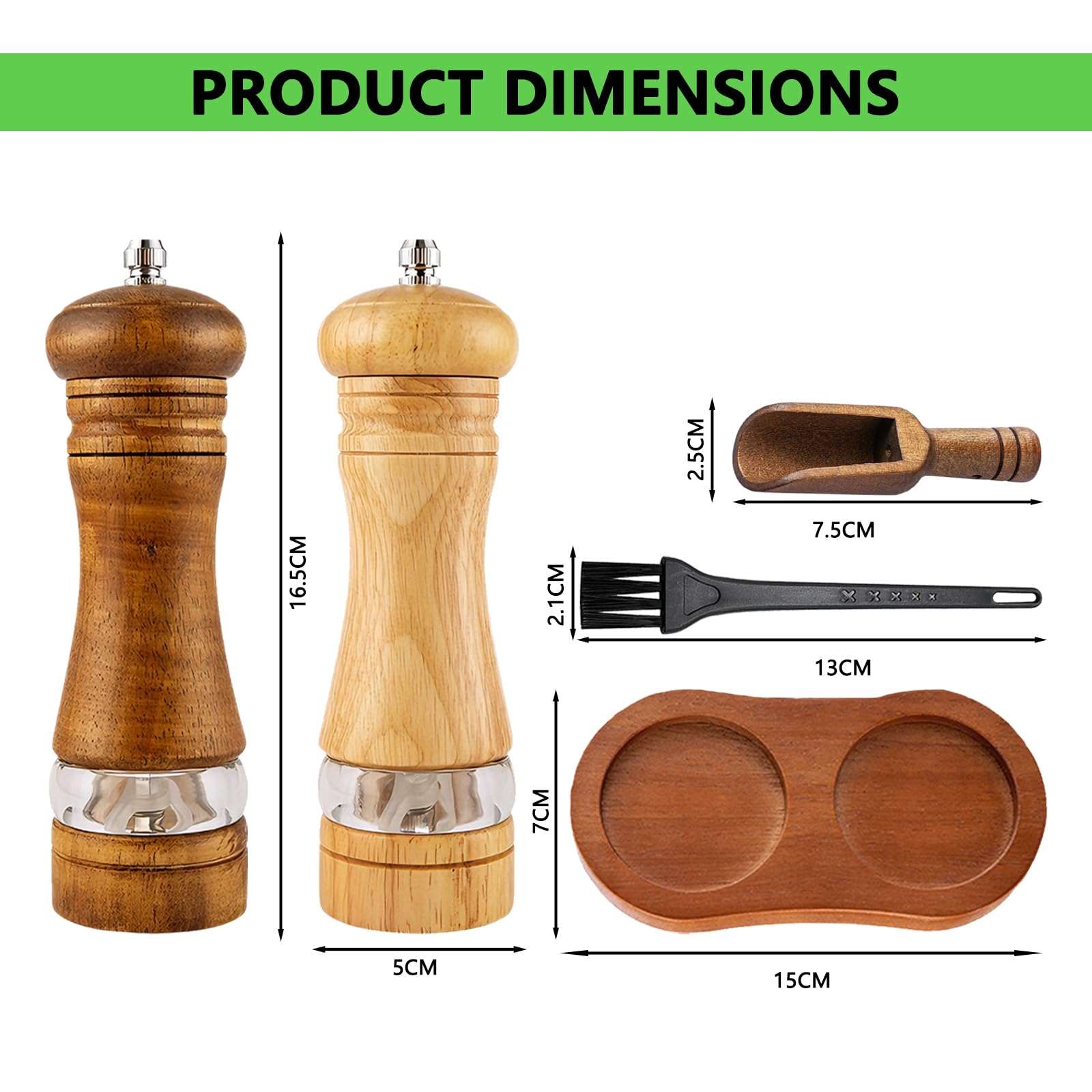Set Macina Sale e Pepe in Legno, 2 Pezzi da 16,5 cm, Macina Pepe Manuale con Meccanismo in Ceramica Regolabile, Vassoio e Pennello per Spezie, Cumino, Sesamo, Paprika