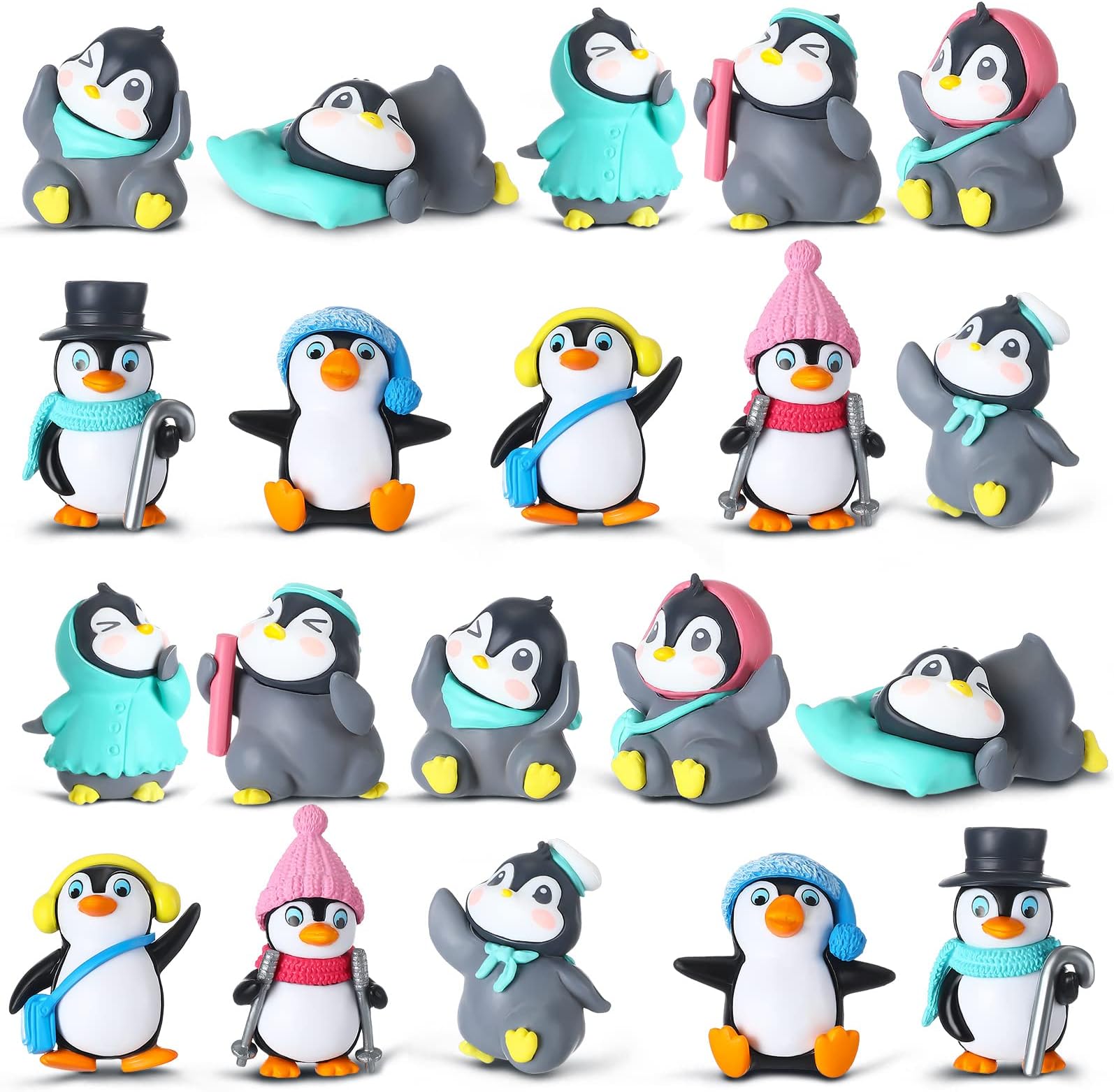 Macarrie 20 Pcs Mini Penguin Figurines Cute Penguin Characters Toys Collection Playset Christmas Winter Cartoon Figures Cake Decoration for Boy Girl Birthday Landscape Party(Cute Style)