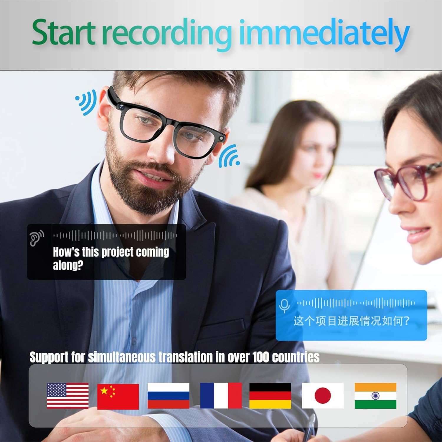 AI Smart Glasses with Camera , 4K Photos & 1080P Video,Real-Time Translation, Bluetooth 5.3 Audio for Photos & Videos, Assistant Conversation, Suitable for Vlogging,Cycling, Hiking Travel, Business