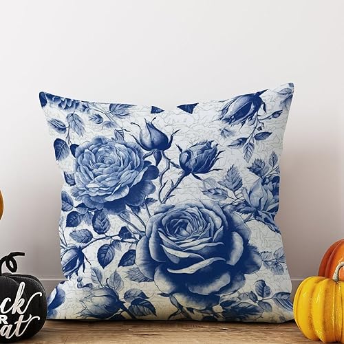 Miniatura 7 de Zyadsinoudor Blue Floral Pillow Cover Asian Oriental Pillowcase 24x24in Decorative Pillow Home Cotton Linen Elegant Throw Pillow Case for Couch Sofa