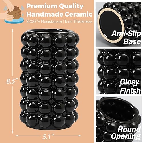 Miniatura 7 de Jarrón de burbujas negro, jarrón de cerámica negra para flores, jarrones altos de cerámica para decoración bohemia, jarrones modernos para sala de