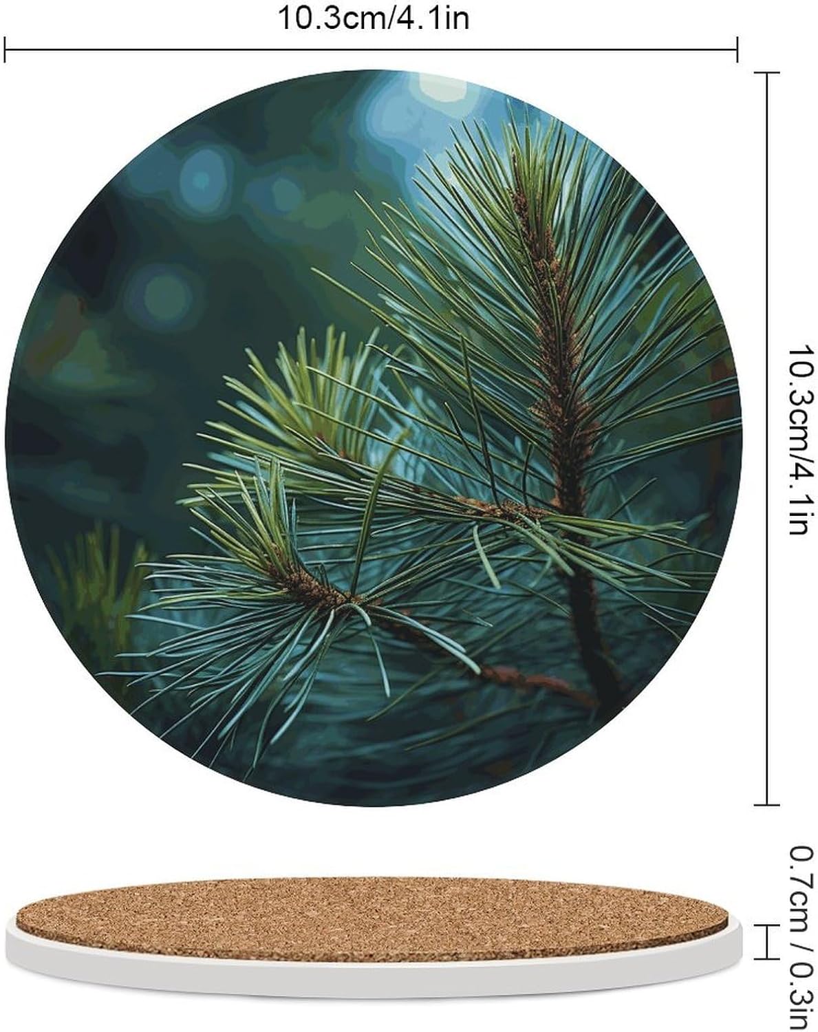 Pine Tree Green Needles Coasters Round Coasters Set Ceramic Stone Coaster with Cork Base Coffee Cup Beverage Cup Mat Cute Funny Table Drinks Coaster for Mugs and Cups Office Kitchen