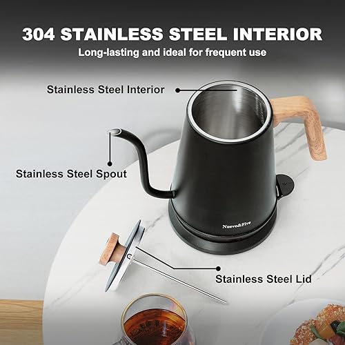 Miniatura 6 de Nueve&Five Hervidor eléctrico de cuello de cisne con termómetro, hervidor eléctrico negro de 1 litro con apagado automático, hervidor de agua