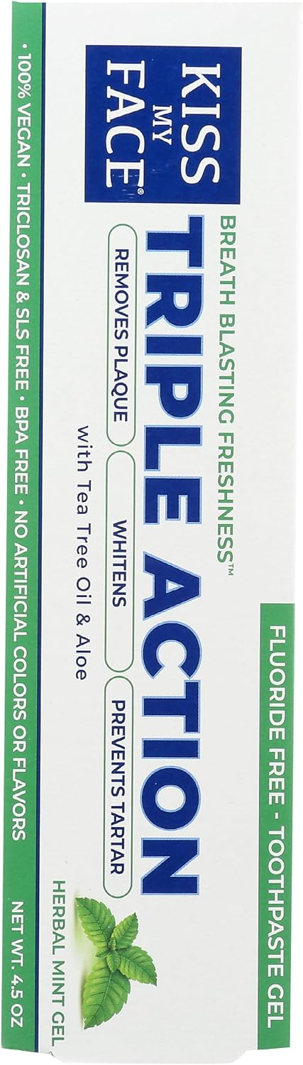 Kiss My Face Triple Action Herbal Mint Gel Toothpaste, SLS and Fluoride Free, Removes Plaque, Prevents Tartar, and Whitens Teeth, with Added Tea Tree Oil, No Artificial Colors Or Flavors, 4.5 oz image 2