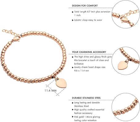 555Jewelry Womens Stainless Steel Love Heart Charm Beaded Delicate Bracelet Dangling