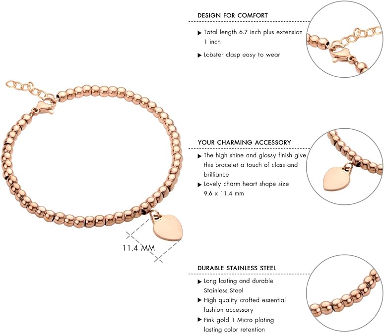 555Jewelry Womens Stainless Steel Love Heart Charm Beaded Delicate Bracelet Dangling
