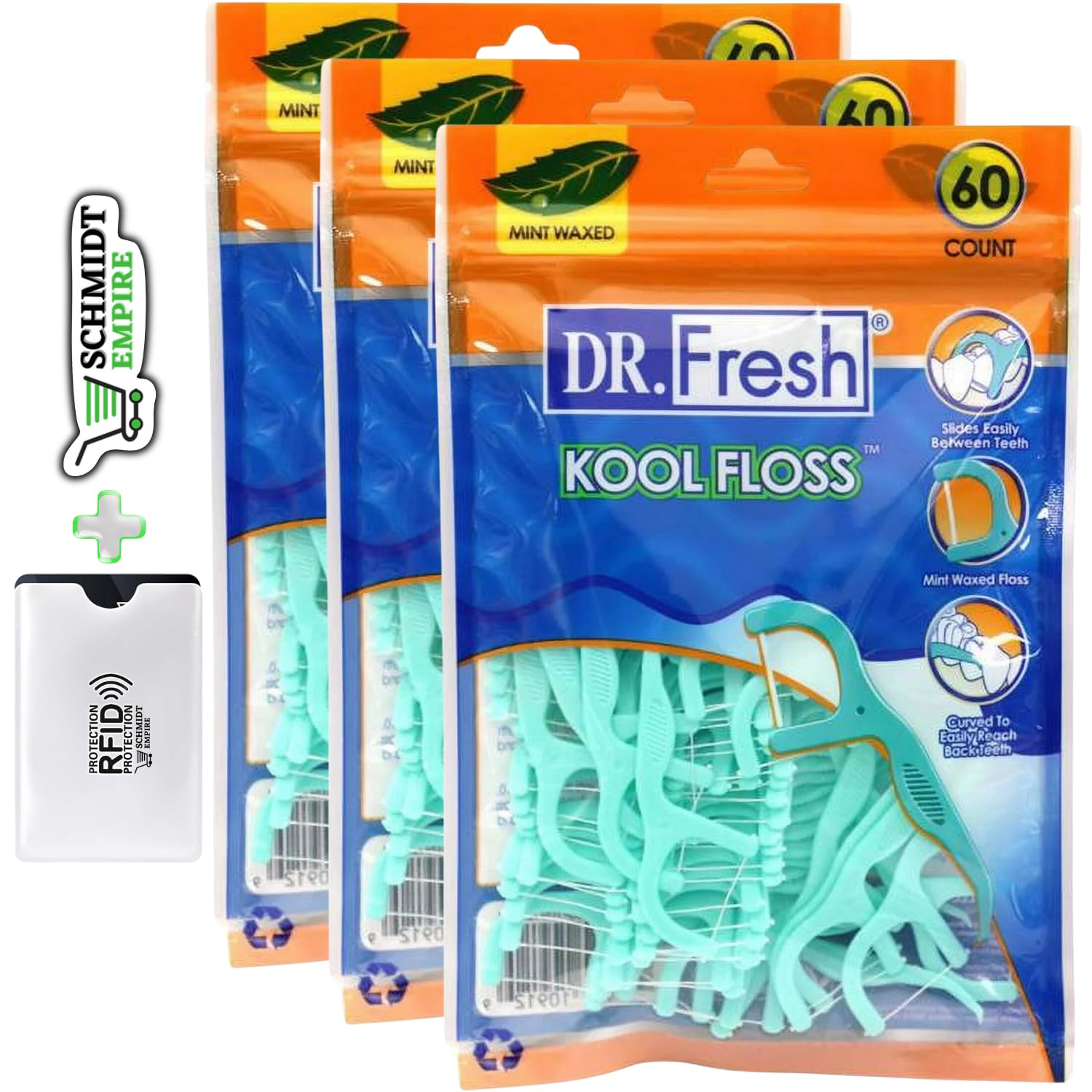 Kool Floss, Mint Waxed Dental Flossers Dr. Fresh, 60 Count (Pack of 3)
