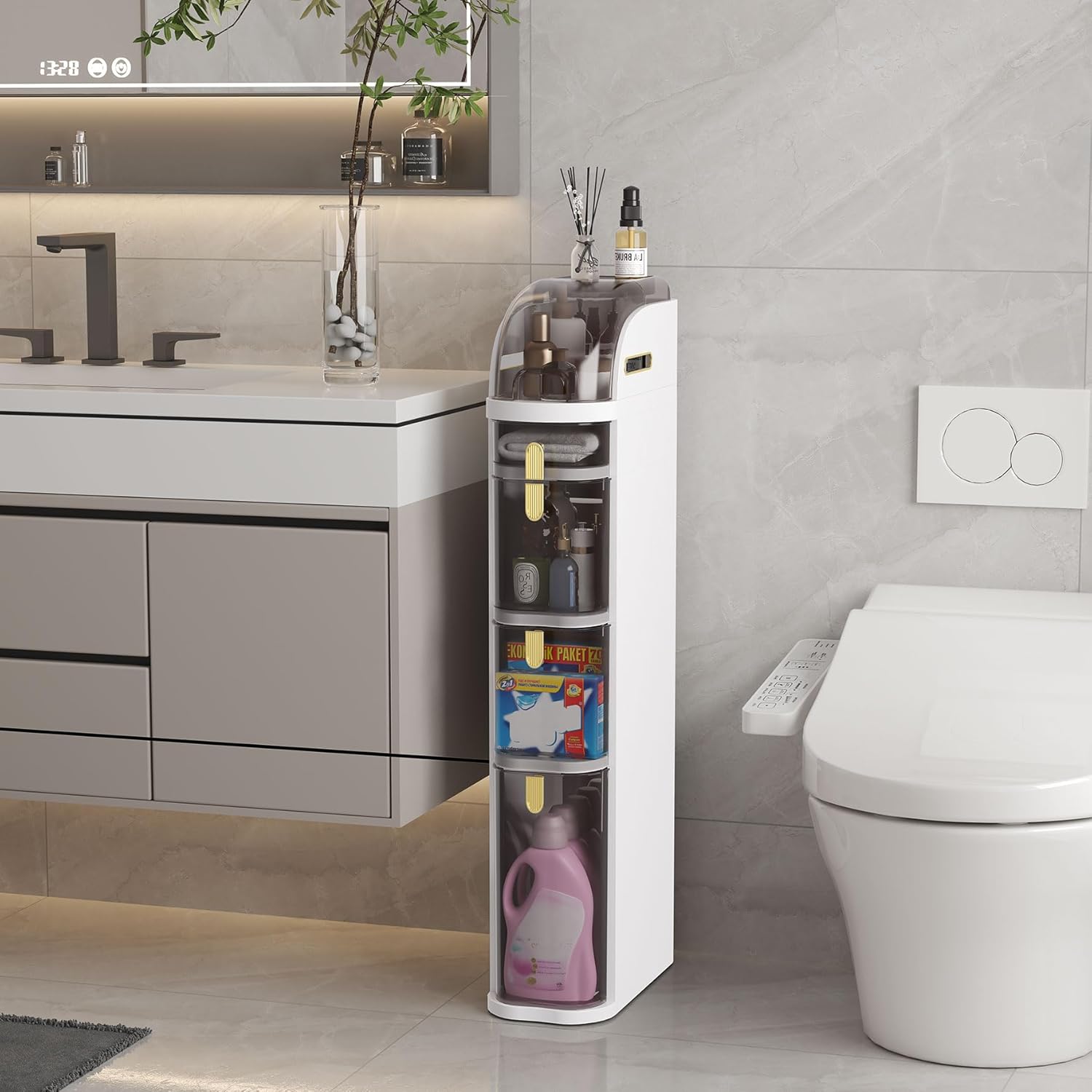 4-Tiers Slim Bathroom Storage Cabinet, 7.1in Wide Waterproof Skinny Cabinet, Movable Bathroom Storage Organizer With Drawers For Small Spaces, Kitchen, Bedroom, Living Room, One-Piece Design