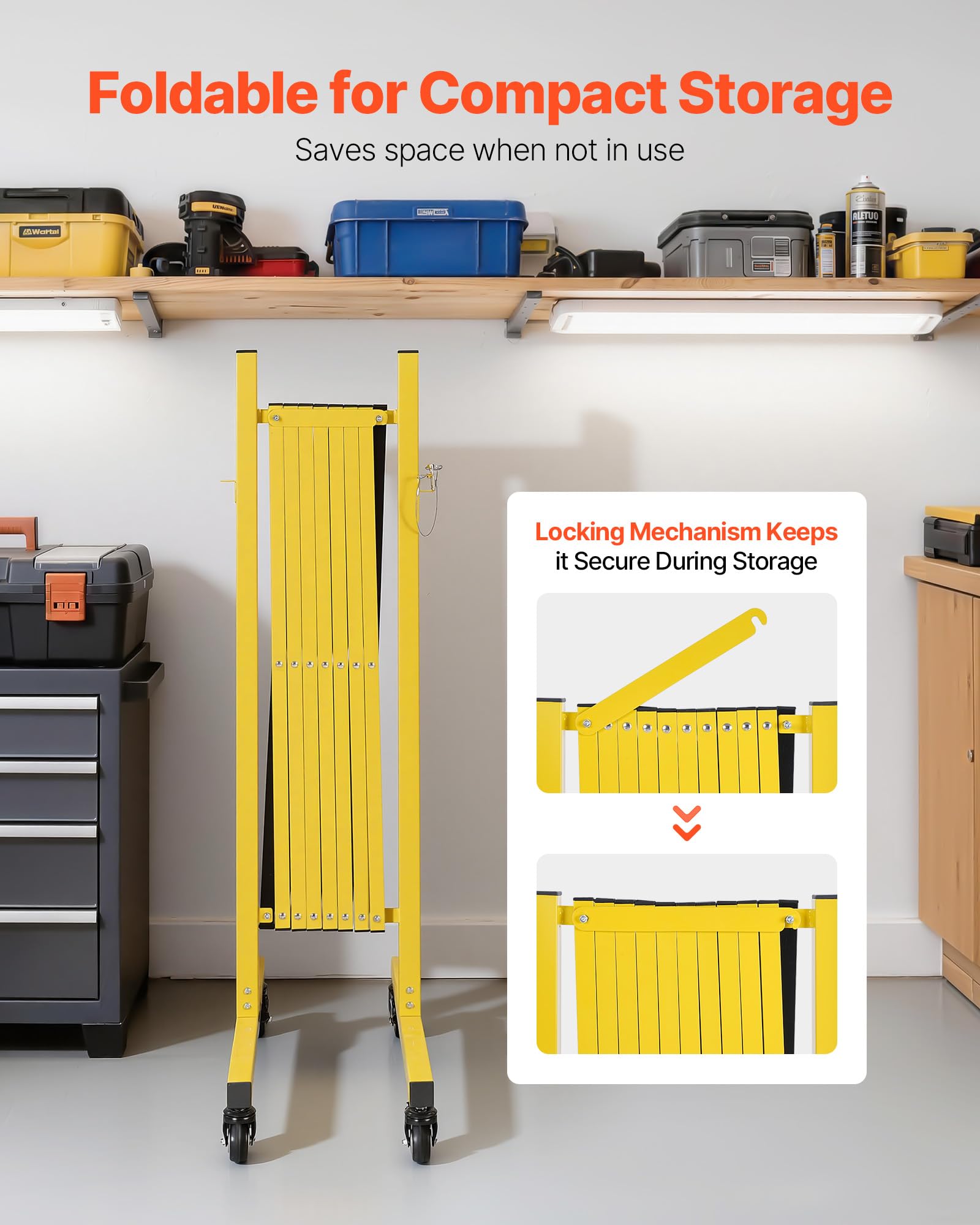 VEVOR Barricada Extensible de 3,82 m, Barrera de Seguridad Plegable con Ruedas y Frenos, Valla Metálica Portátil, Aluminio, para Uso Industrial Construcción Control de Espacios, Color Negro Amarillo