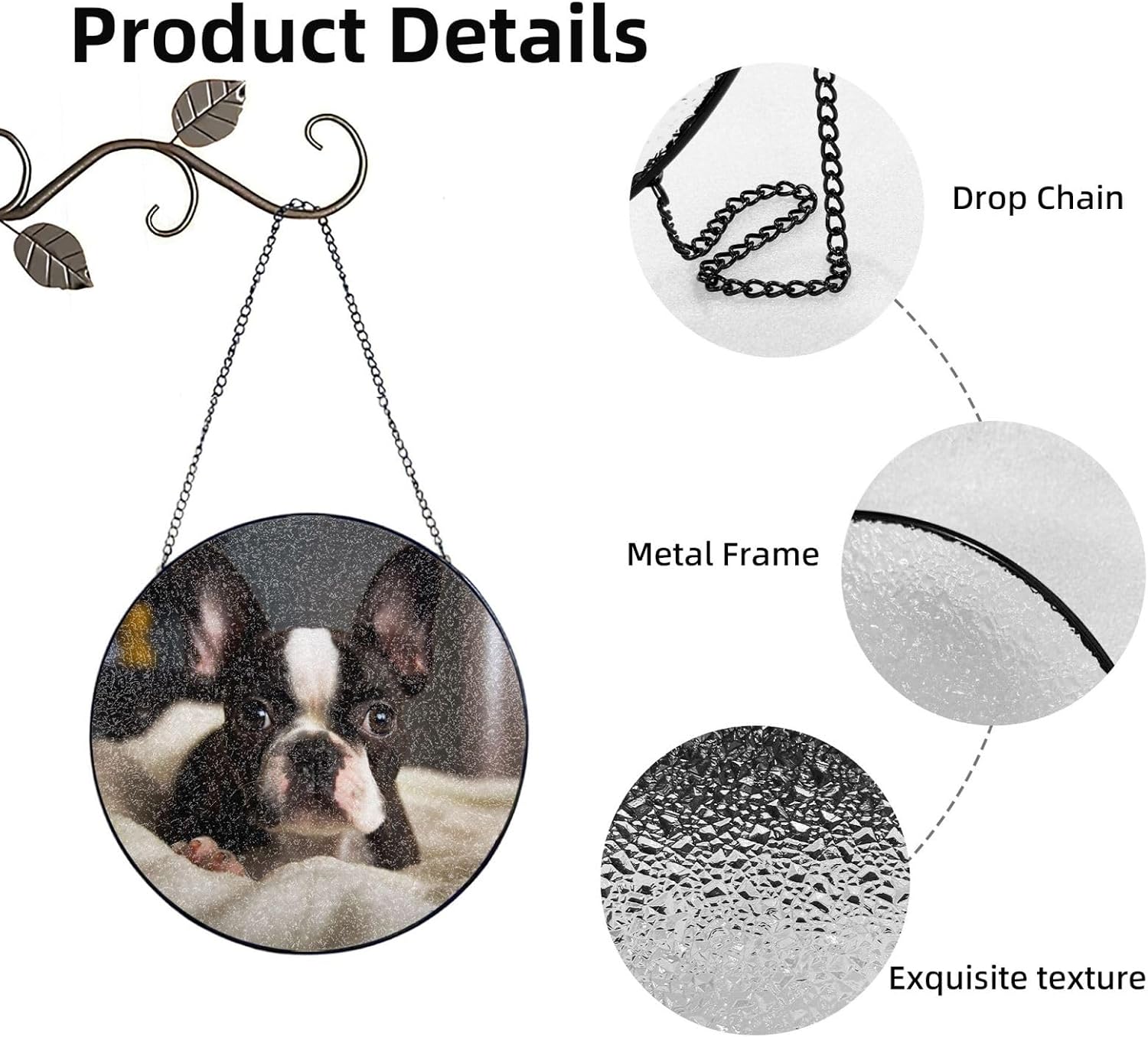 Cute Boston Terrier Stained Glass Suncatcher for Window Hanging Sun Catcher Ornament for Women Men Suncatcher for Home Decor, 8in（20cm） Round Glass Ornament for Mother's Day Birthday Gift