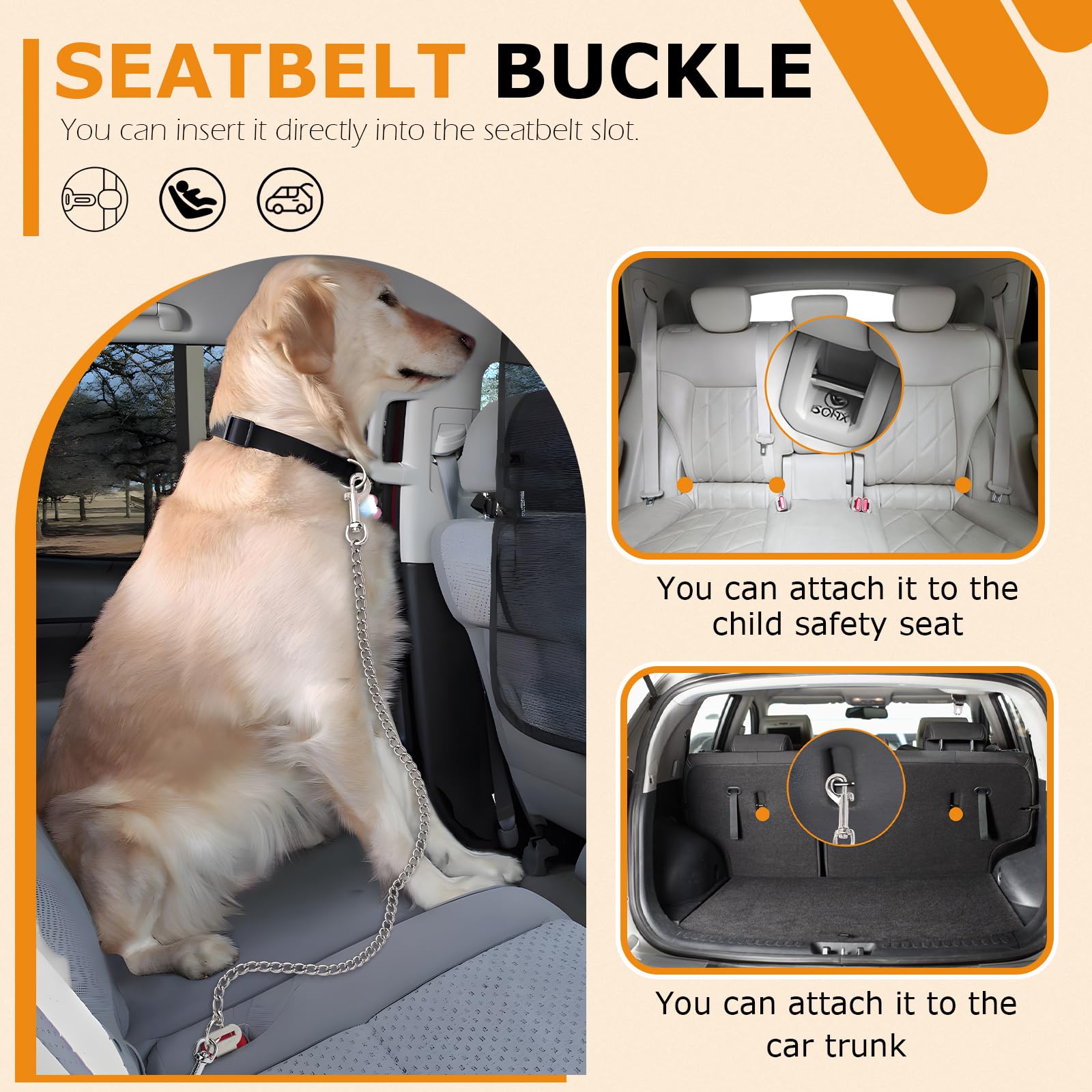 EFUTURETIME Ceinture Securite Chien Voiture Chaine Longue 125cm, Attache Chien Ceinture Anti-Morsure en Acier Inoxydable 3 en 1 pour Coffre, Boucle de Ceinture de Sécurité et ISOFIX