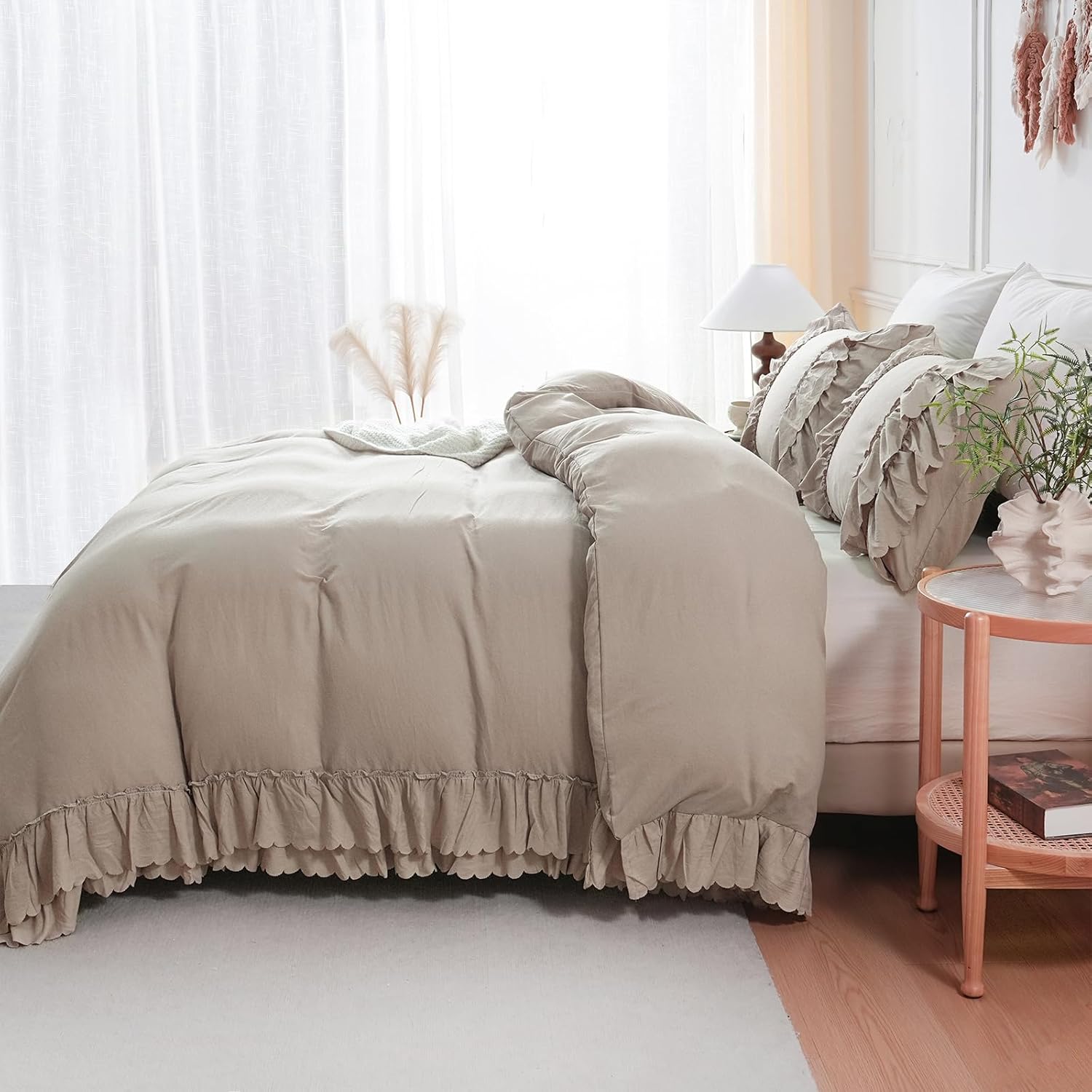Herside Taupe Boho Ruffle Comforter Queen Size,Shabby Chic Ruffle Bedding Set,2 Layers Ruffles Fluffy Vintage Comforter Home Decor,Farmhouse 3 Pcs Microfiber Lightweight Quilt Set for Women Girls - Image 9