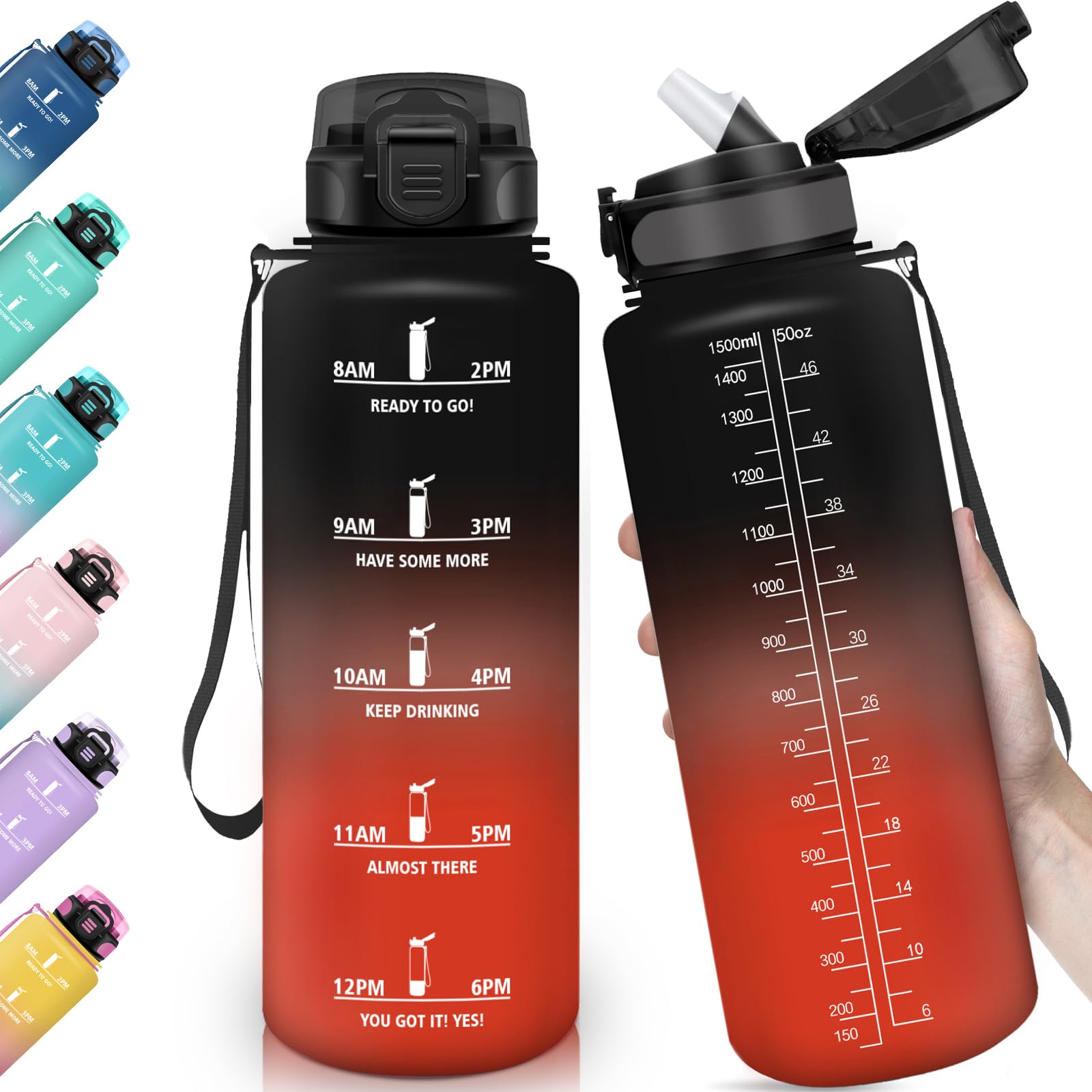 Borraccia 1L Con Cannucce – A Prova Di Perdite, Con Tacche Orarie, Senza BPA, Per Palestra, Ufficio, Viaggi (ciano/nero)
