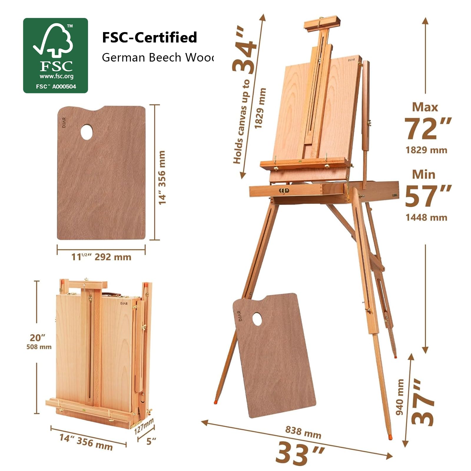 DJAR Französische Staffelei mit Schultergurt, Verstellbare Atelierstaffelei aus Buchenholz mit Schublade, Integrierter Palette, Hält Leinwände bis 86 cm, Natur