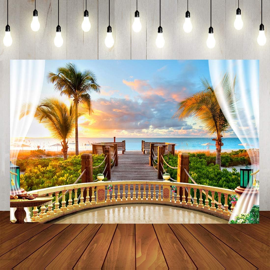 9x6ft Tropical Seaside Backdrop Balcony Wood Bridge Photography Background for Theme Wedding Birthday Party Vinyl Studio Props BJLSPH728