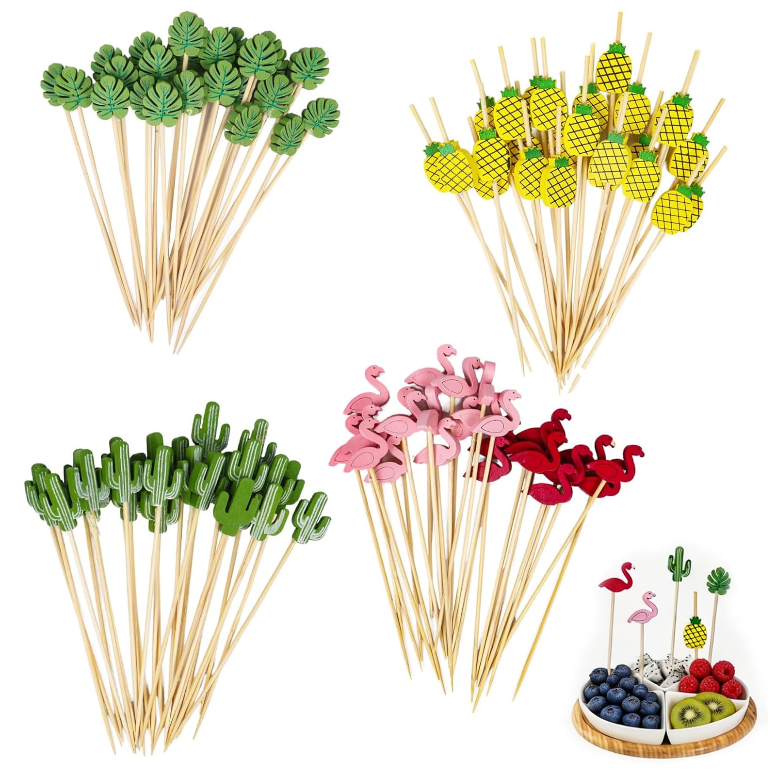 100 spiedini per frutta usa e getta, 12 cm, in bambù, con 5 motivi, fenicottero, monstera, ananas, cactus, spiedini in legno per fingerfood frutta, bevande, cocktail sticks