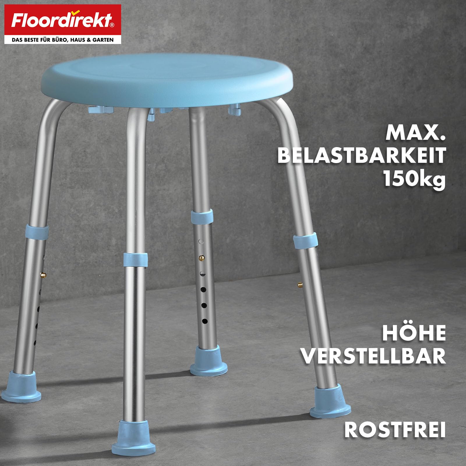 Floordirekt Pedro taboret prysznicowy – krzesło prysznicowe obracane o 360°, obciążenie do 150 kg, regulacja wysokości, z antypoślizgowymi gumowymi nóżkami dla bezpiecznego trzymania – taboret