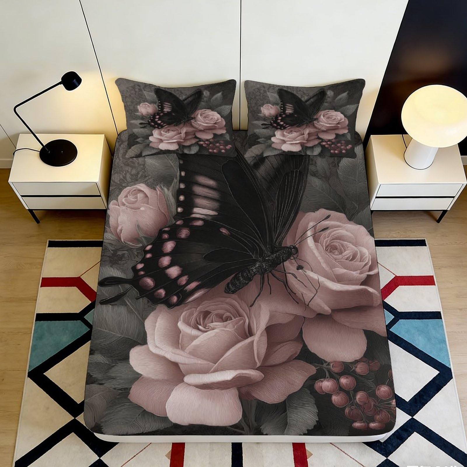 3D Printed Black Butterfly Rose Fitted Sheet Microfiber Anti-Slip Bed Cover for Bedroom Guestroom Decor Machine Washable 90x200x25cm