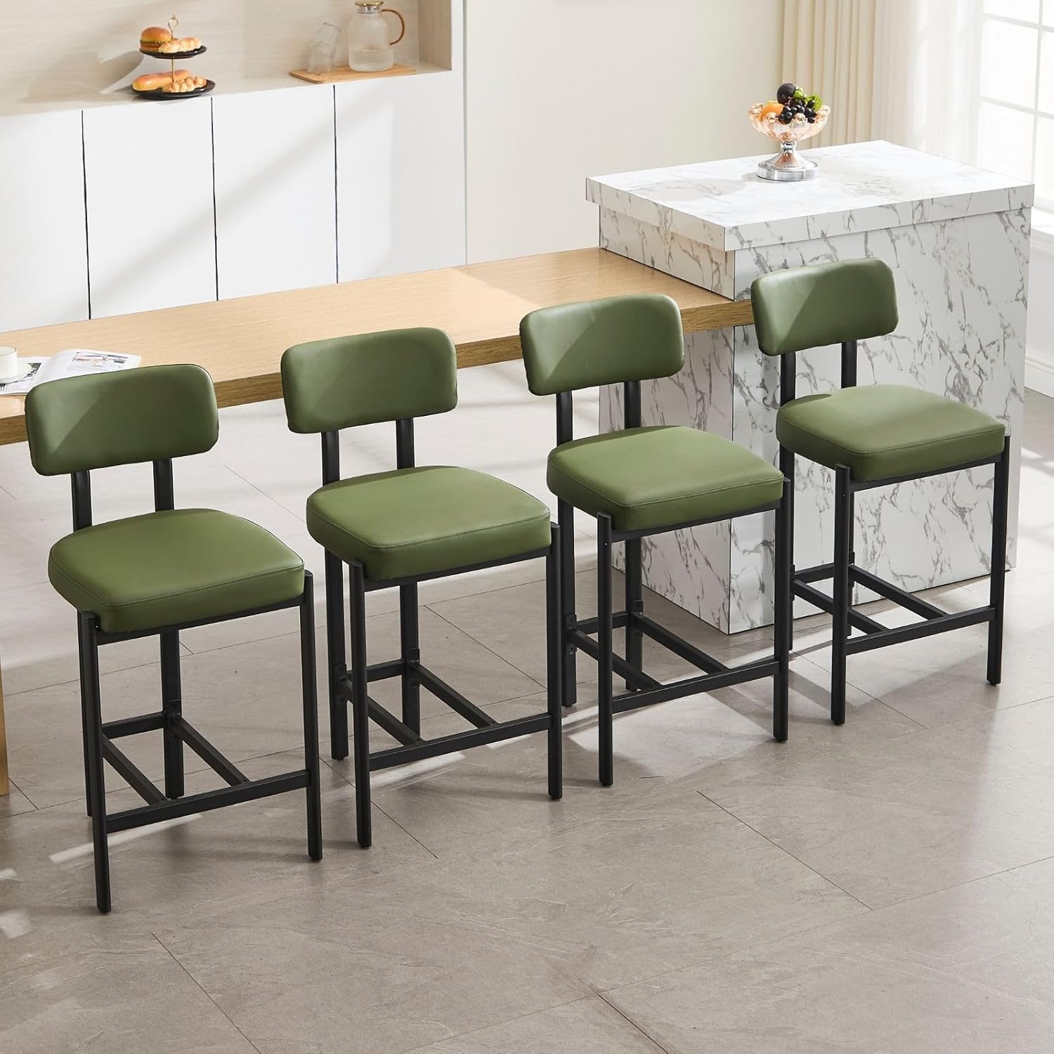 LukeAlon PU Leather Counter Stools Set of 4, Upholstered 26" Seat Height Modern Barstools with Metal Legs Curved Back Kitchen Island Stools for Home Pub, Green